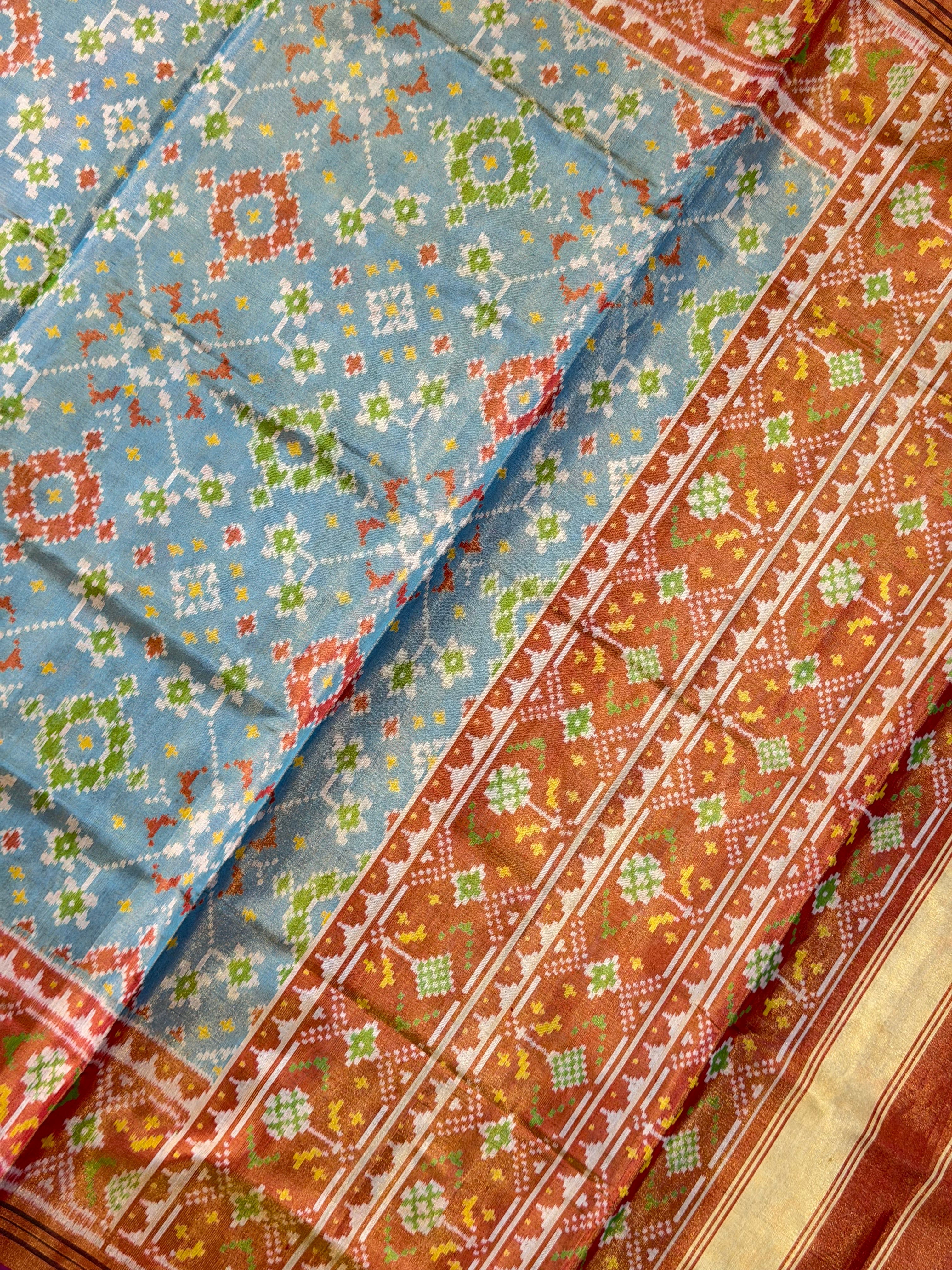 SkyBlue Navratna Design Tissue Double Zari Patola Saree