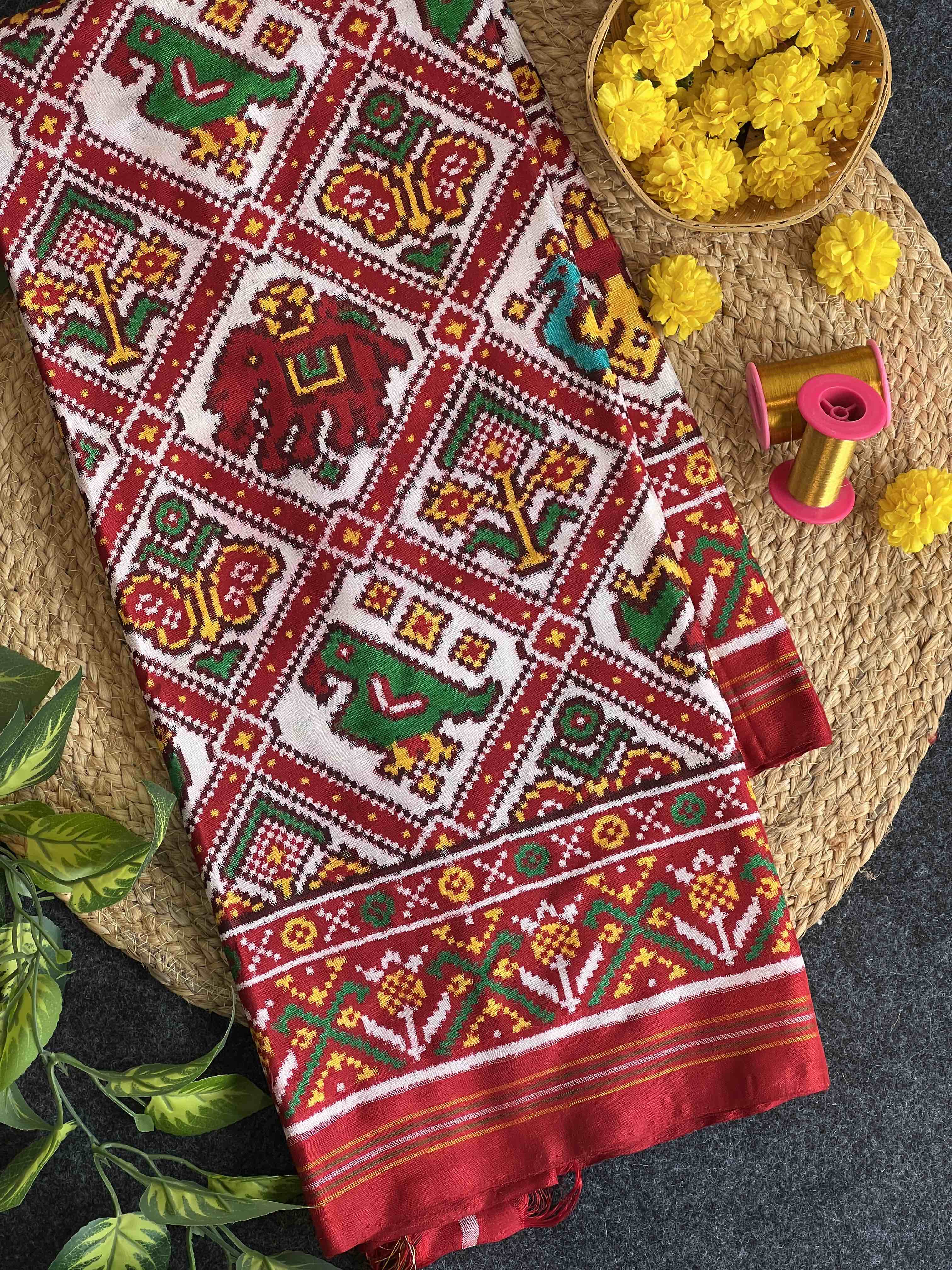 Handwoven Double Ikat Patola Silk Saree Adtala White