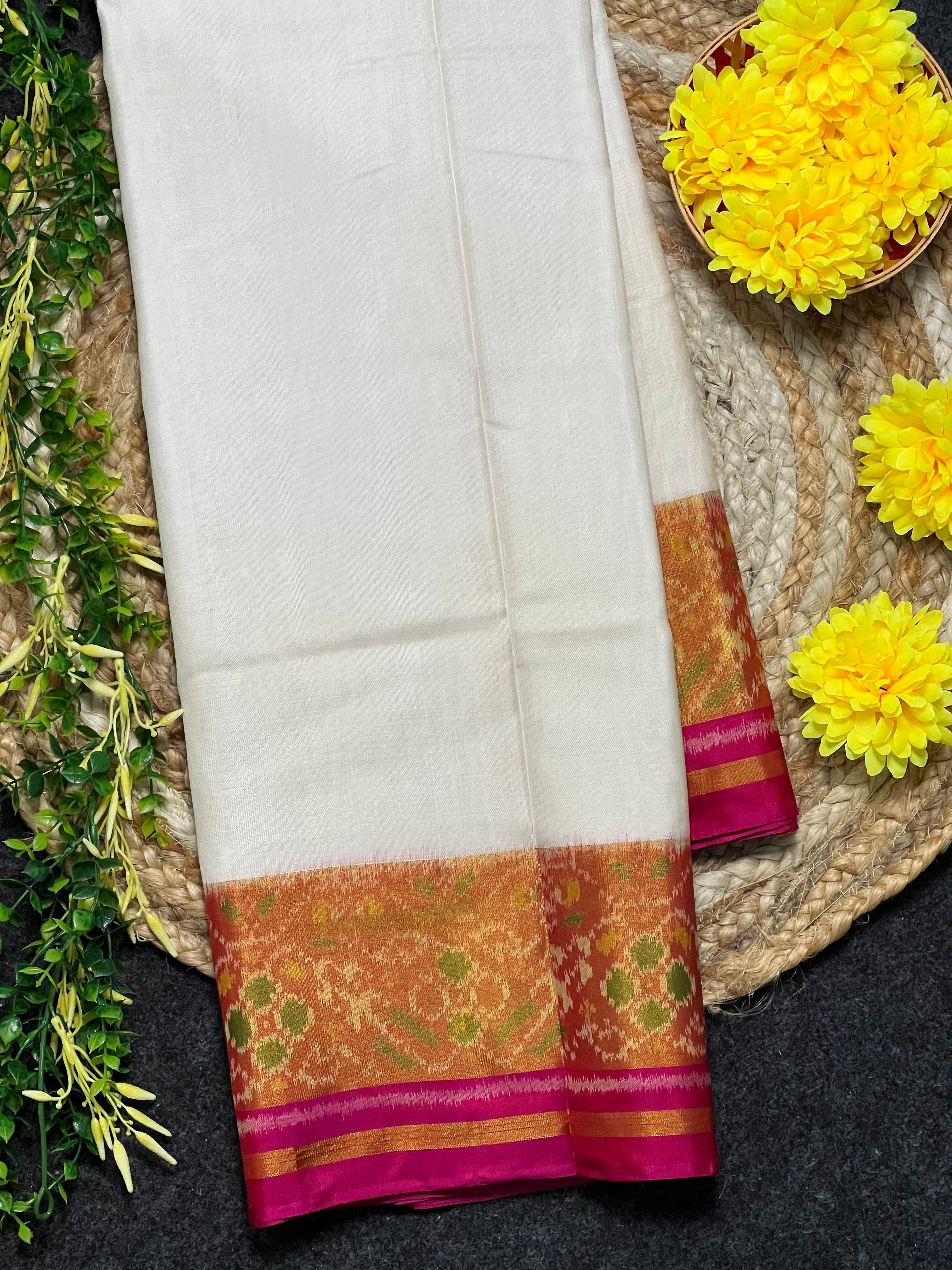 White Gala Border Handwoven Patola Silk Saree