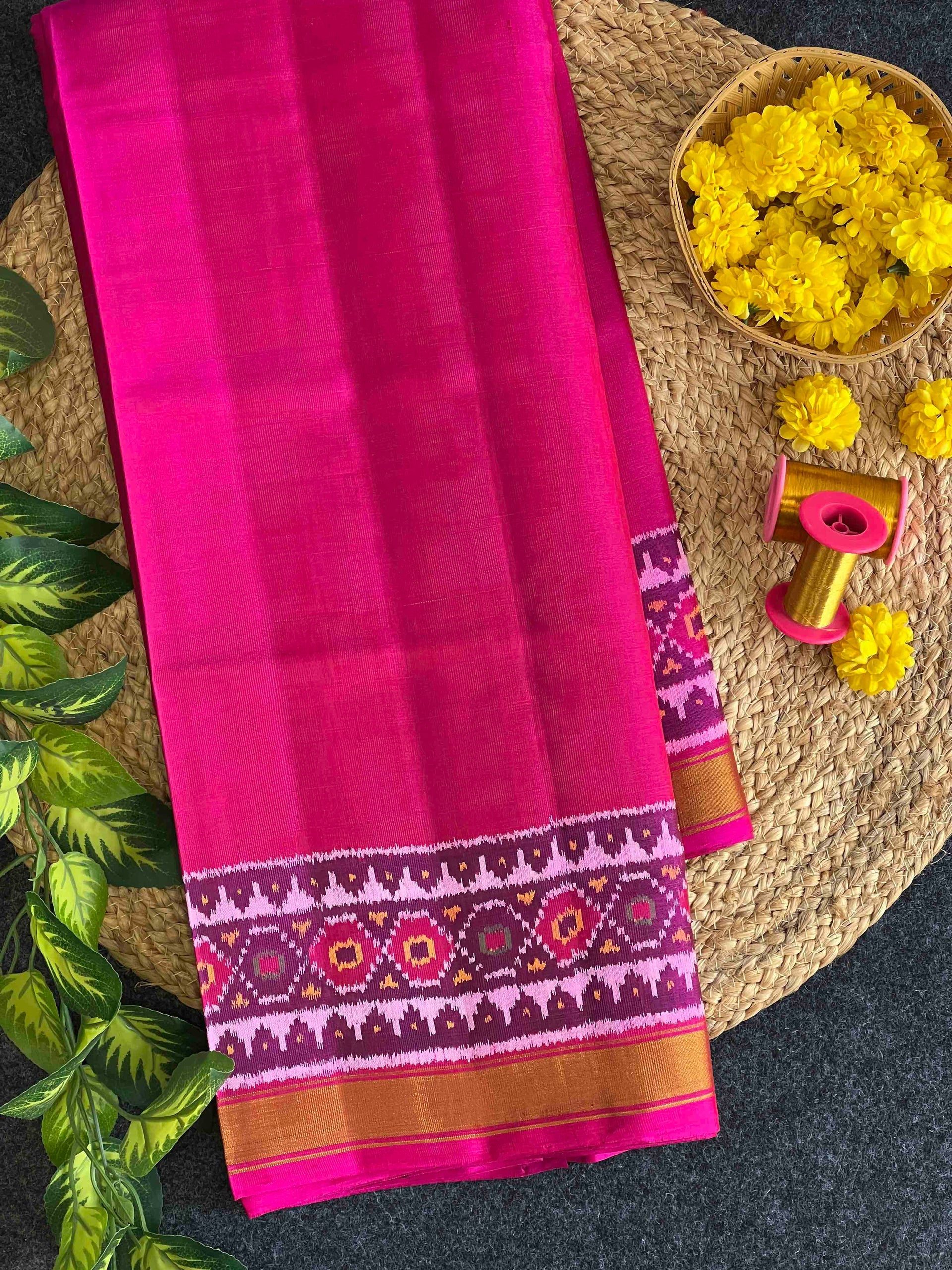 Pink Plain gala Border Handwoven Patola Silk Saree