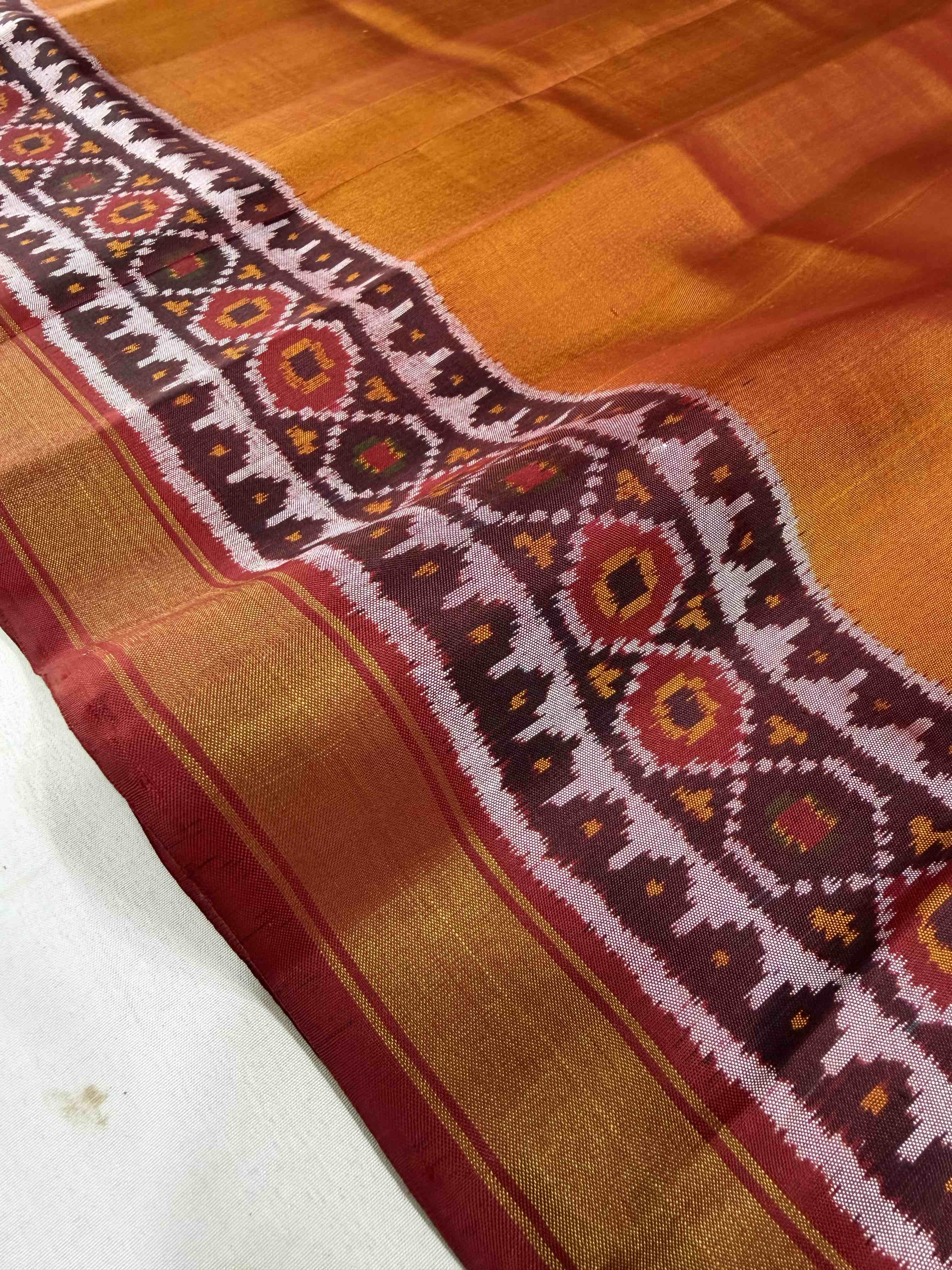 Mustard Red Plain gala Border Handwoven Patola Silk Saree