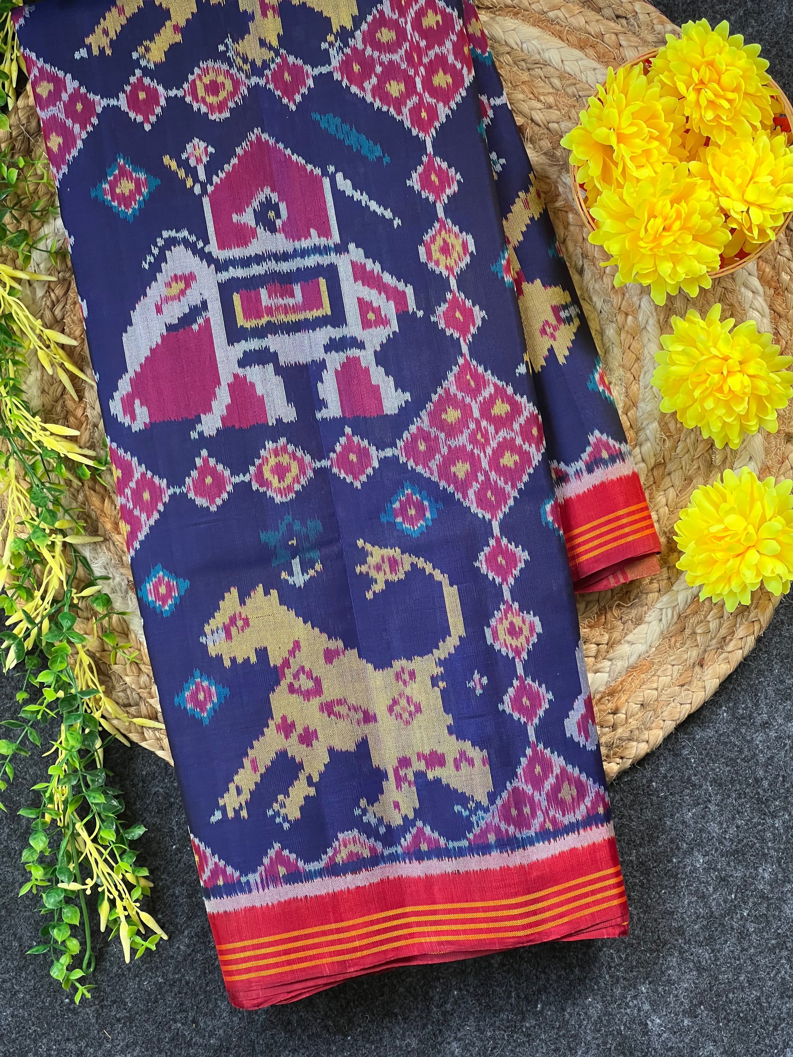 Big Cheetah And Elephant Design Handwoven Patola Silk Saree