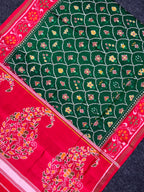 Red-Green Fancy Design Handwoven Patola Silk Saree