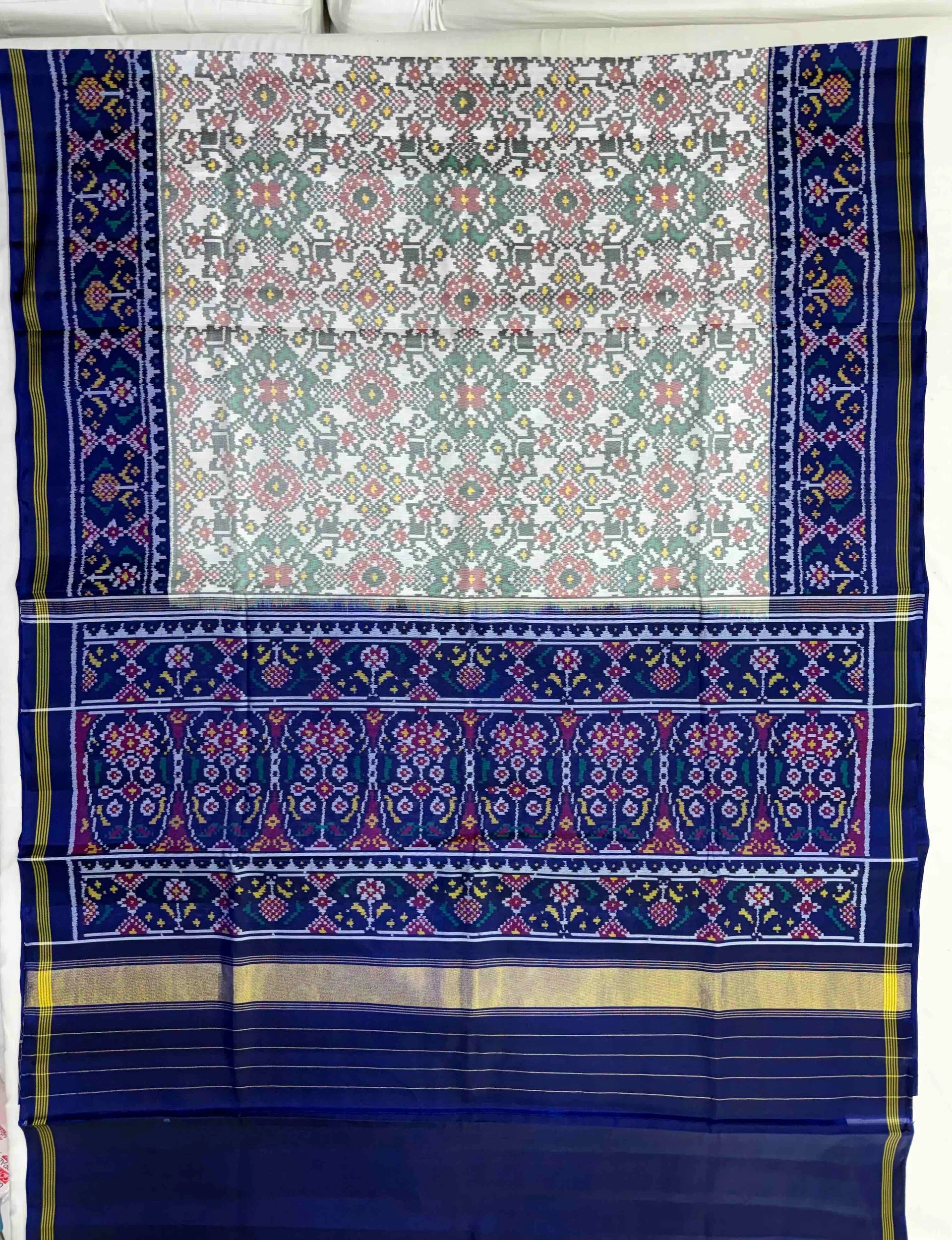 White Navratna Traditional Design Handwoven Patola Silk Saree