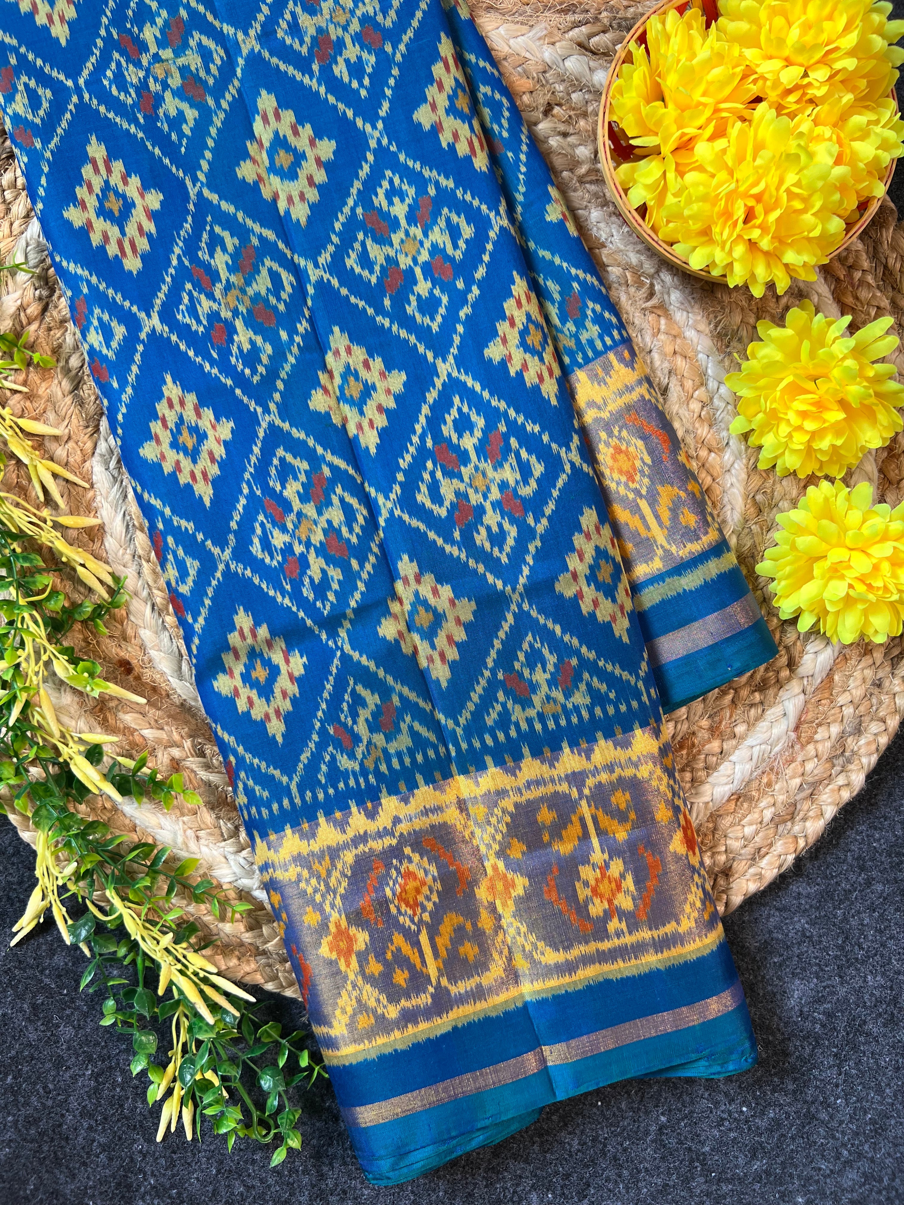 Blue Pan-Chanda Traditional Design Handwoven Patola Silk Saree