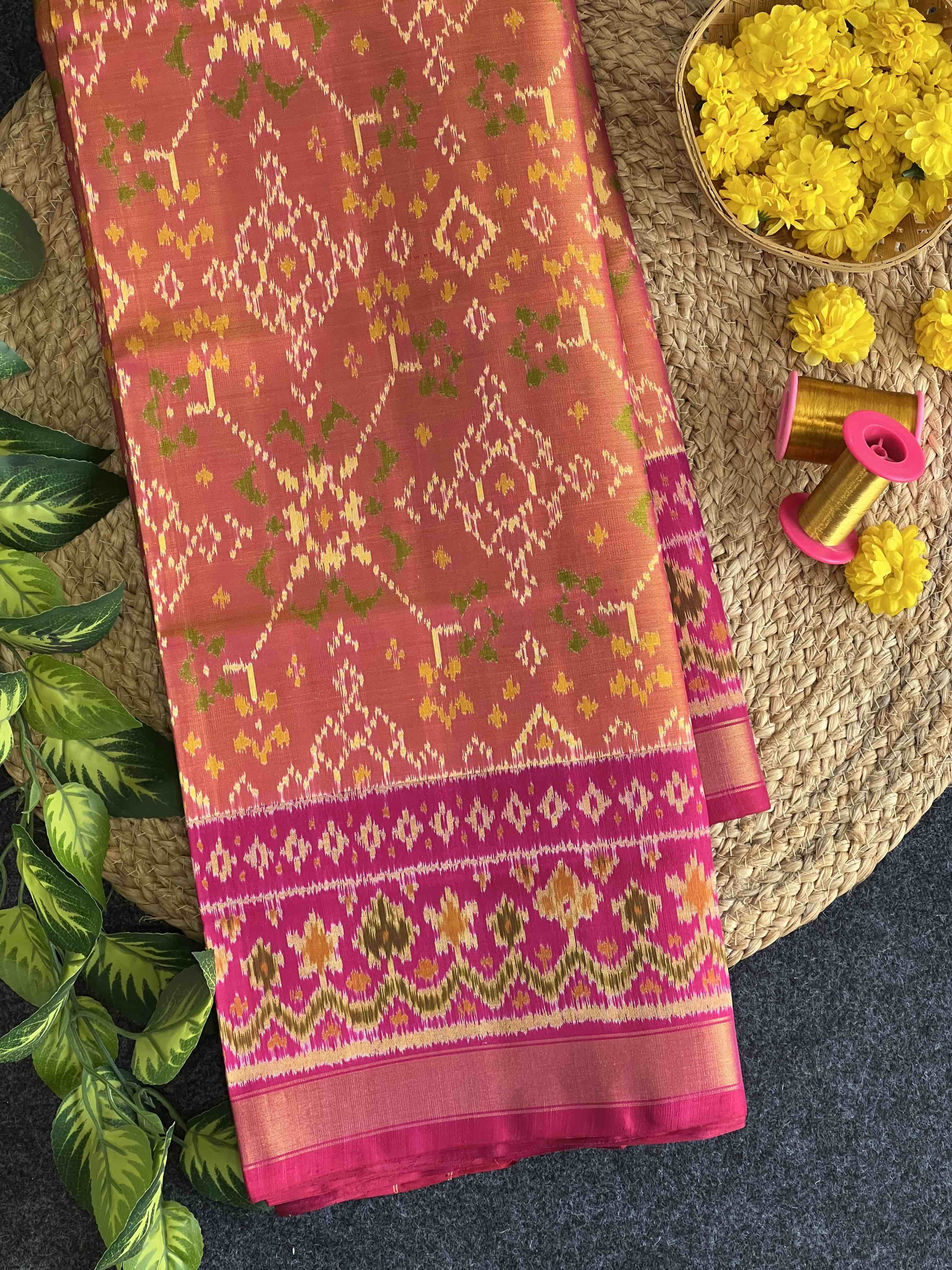 Mustard-Pink Navratna Design Handwoven Patola Silk Saree Main image