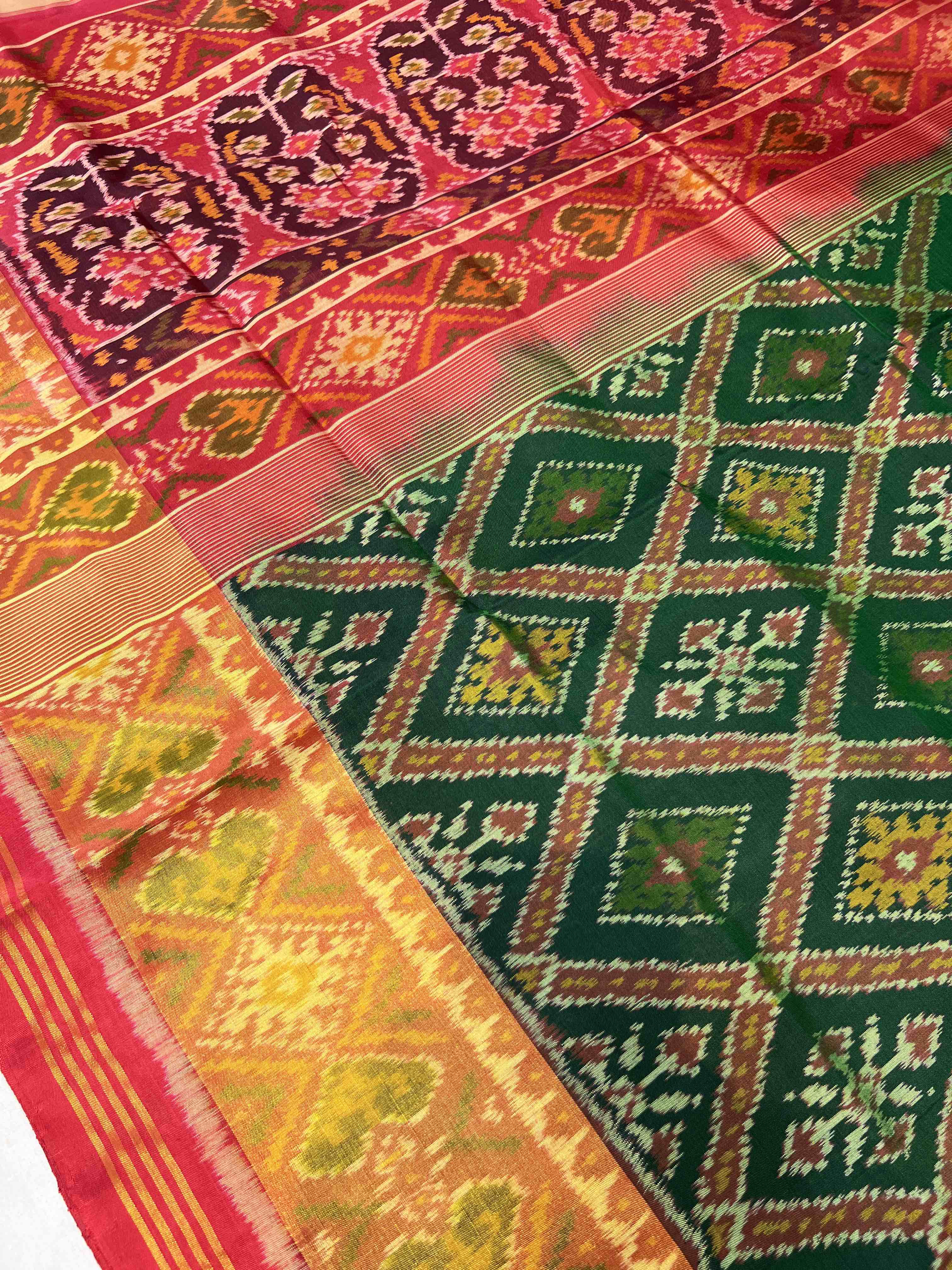 Green and Red Traditional Design Handwoven Patola Silk Saree