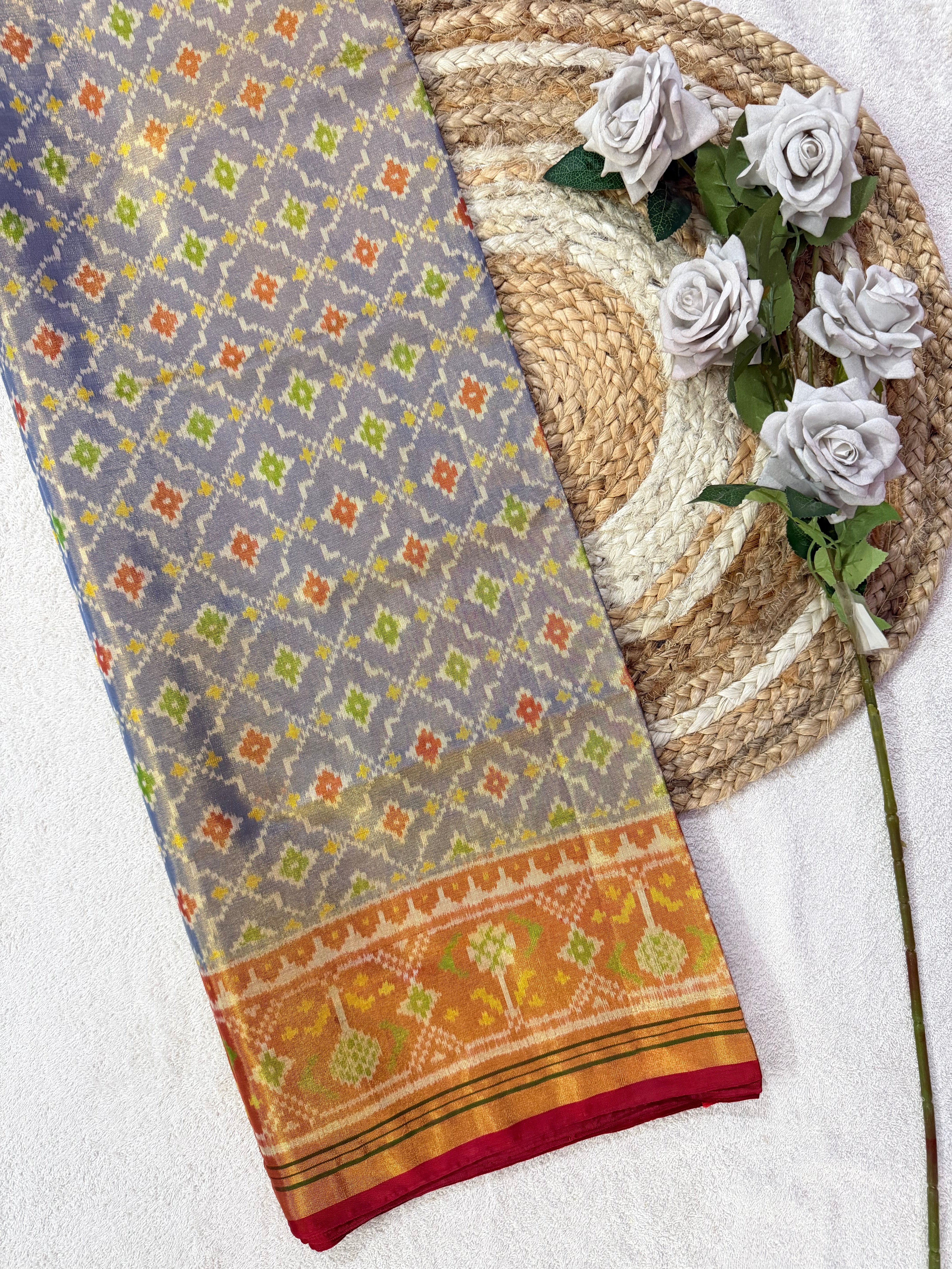 Fancy Design Pastel Purple Tissue Double Zari Patola Saree Main image