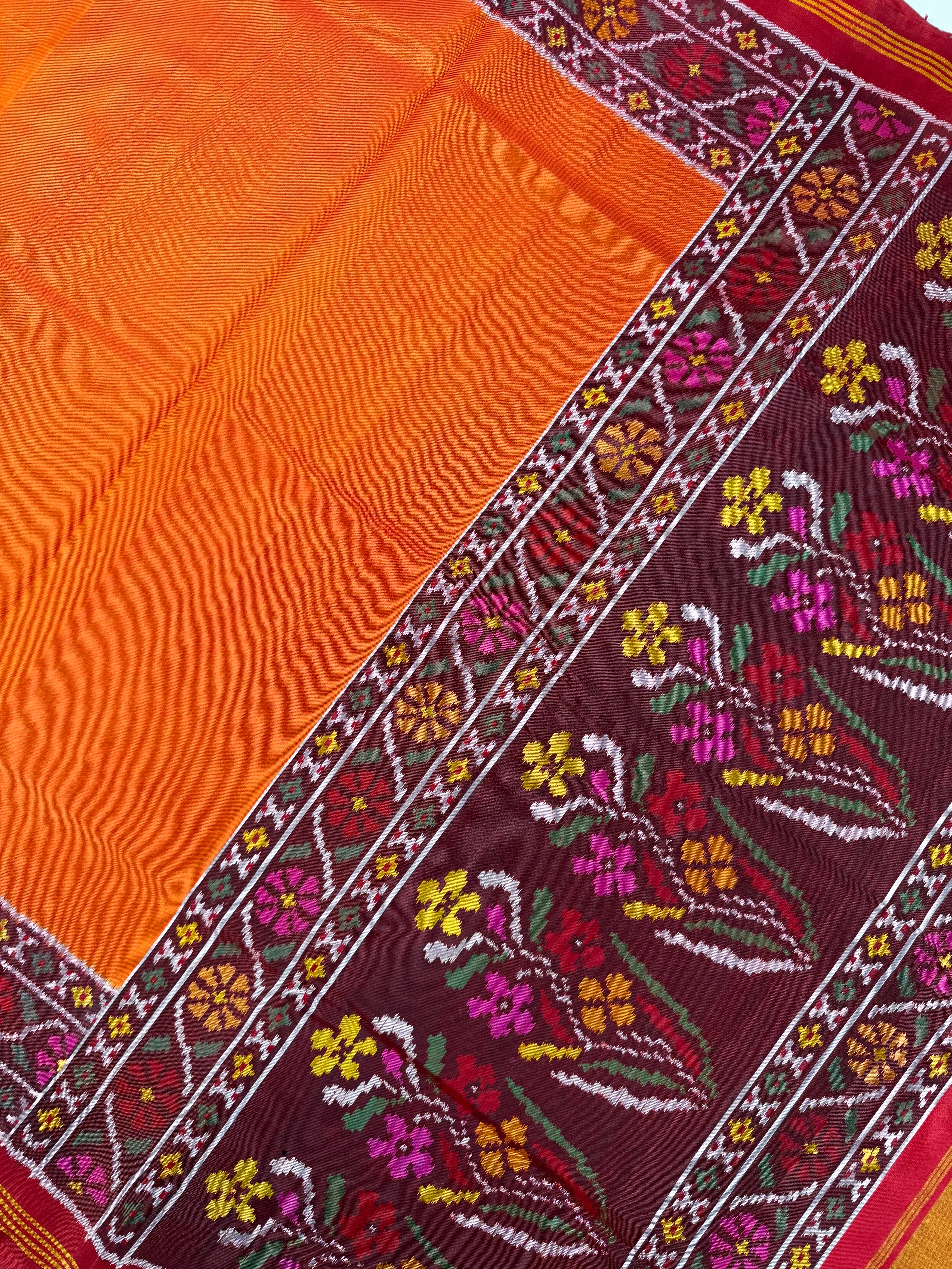 Plain Orange Gala Border with Designer Blouse Handwoven Patola Silk Saree Secondary image