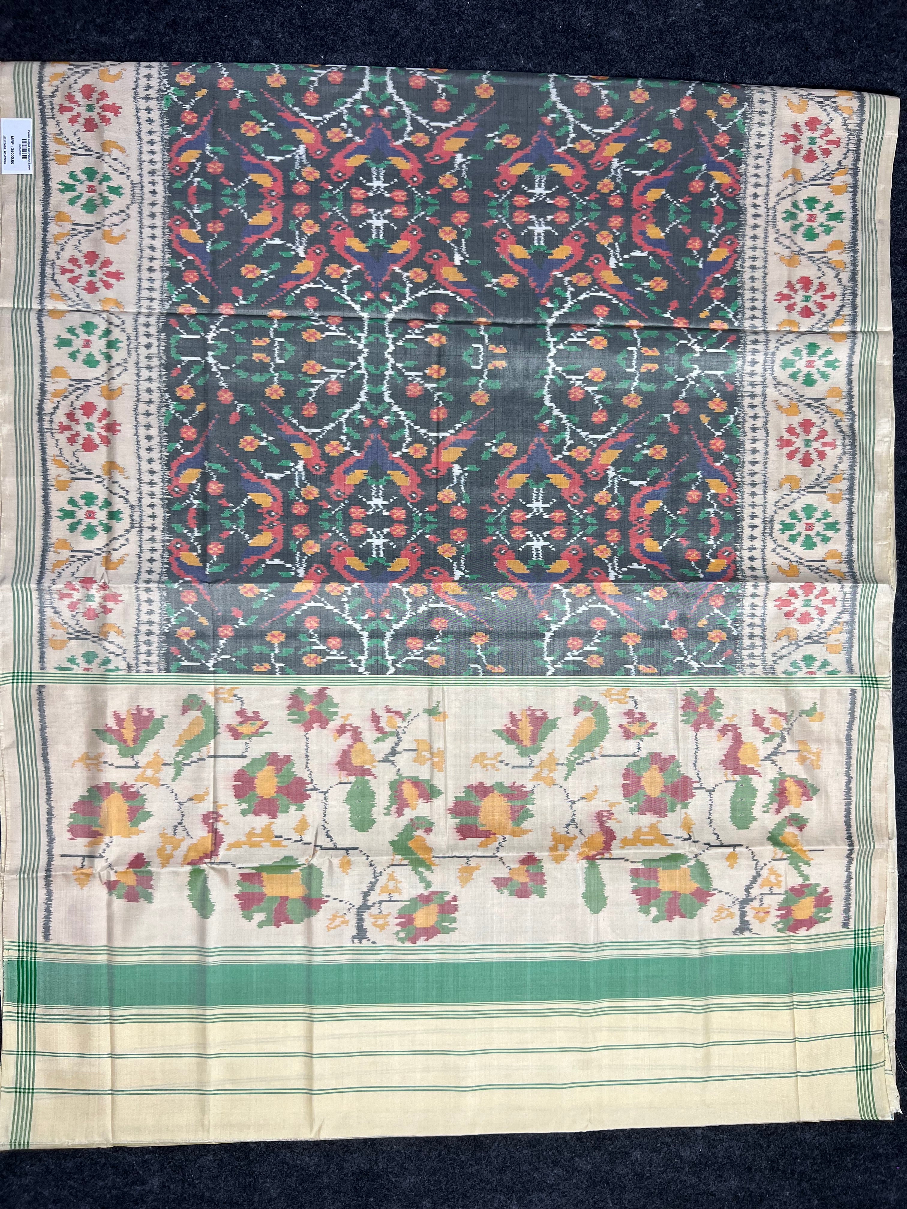Grey color Exclusive Design Handwoven Patola Silk Saree Secondary image