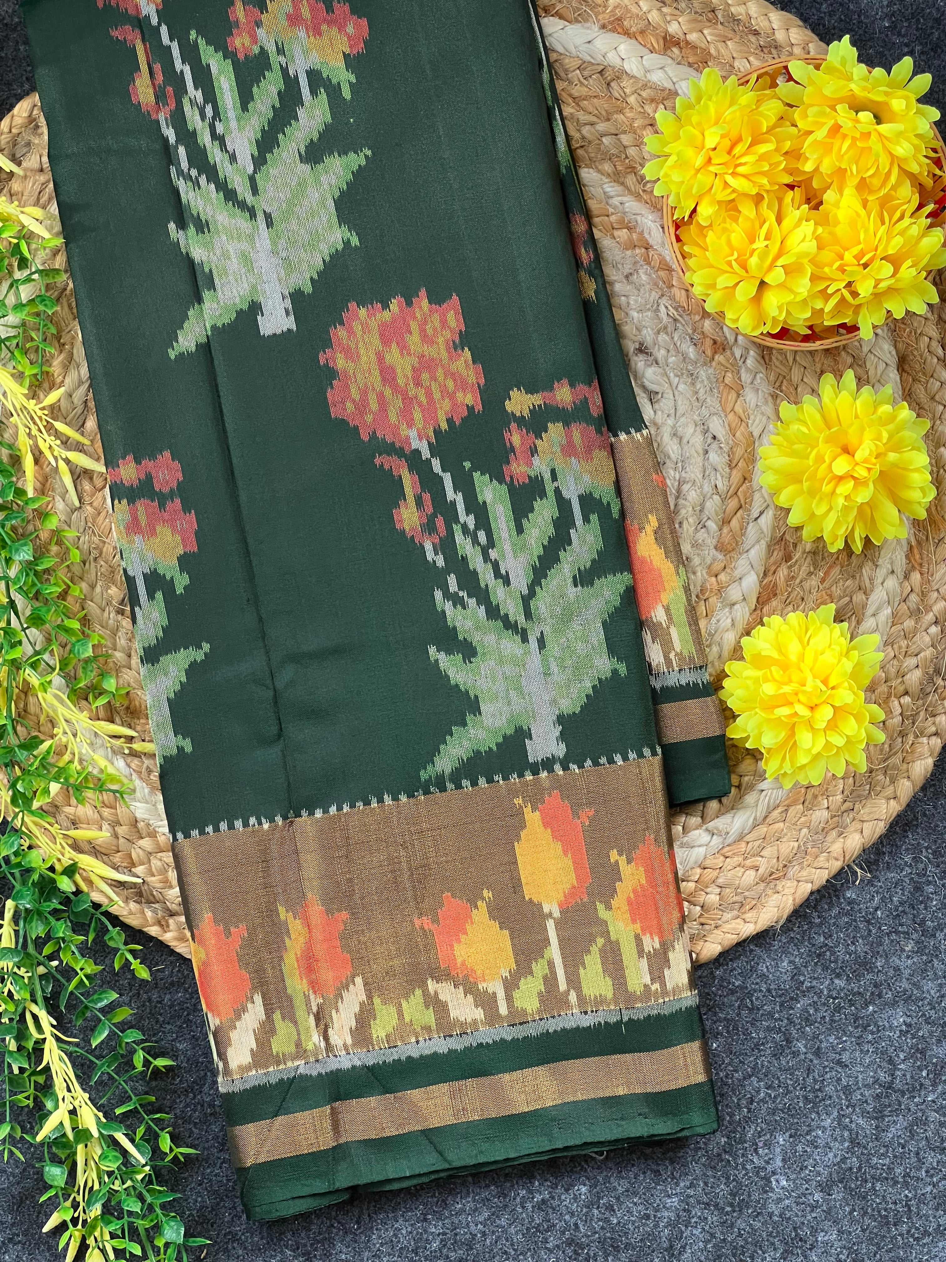 Bottel Green Fancy Design Handwoven Patola Silk Saree Main image