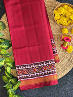 Red Plain gala Border Handwoven Patola Silk Saree