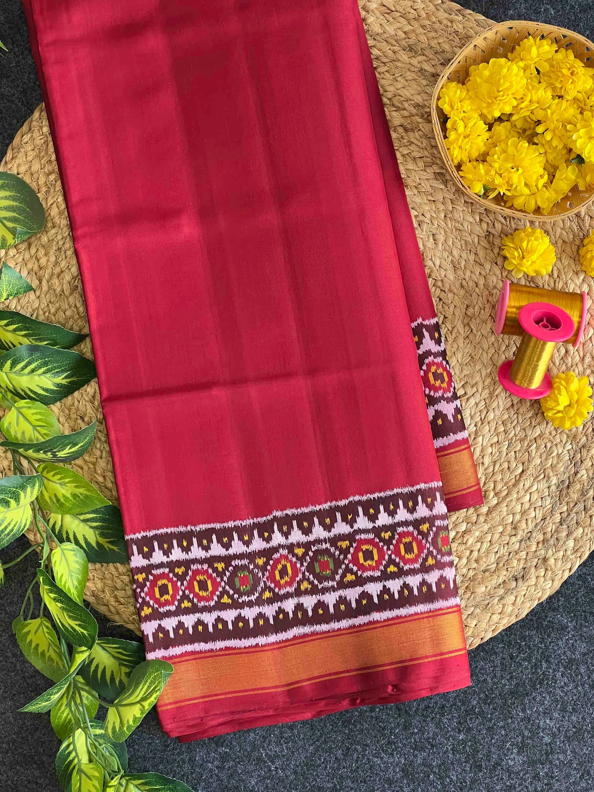 Red Plain gala Border Handwoven Patola Silk Saree