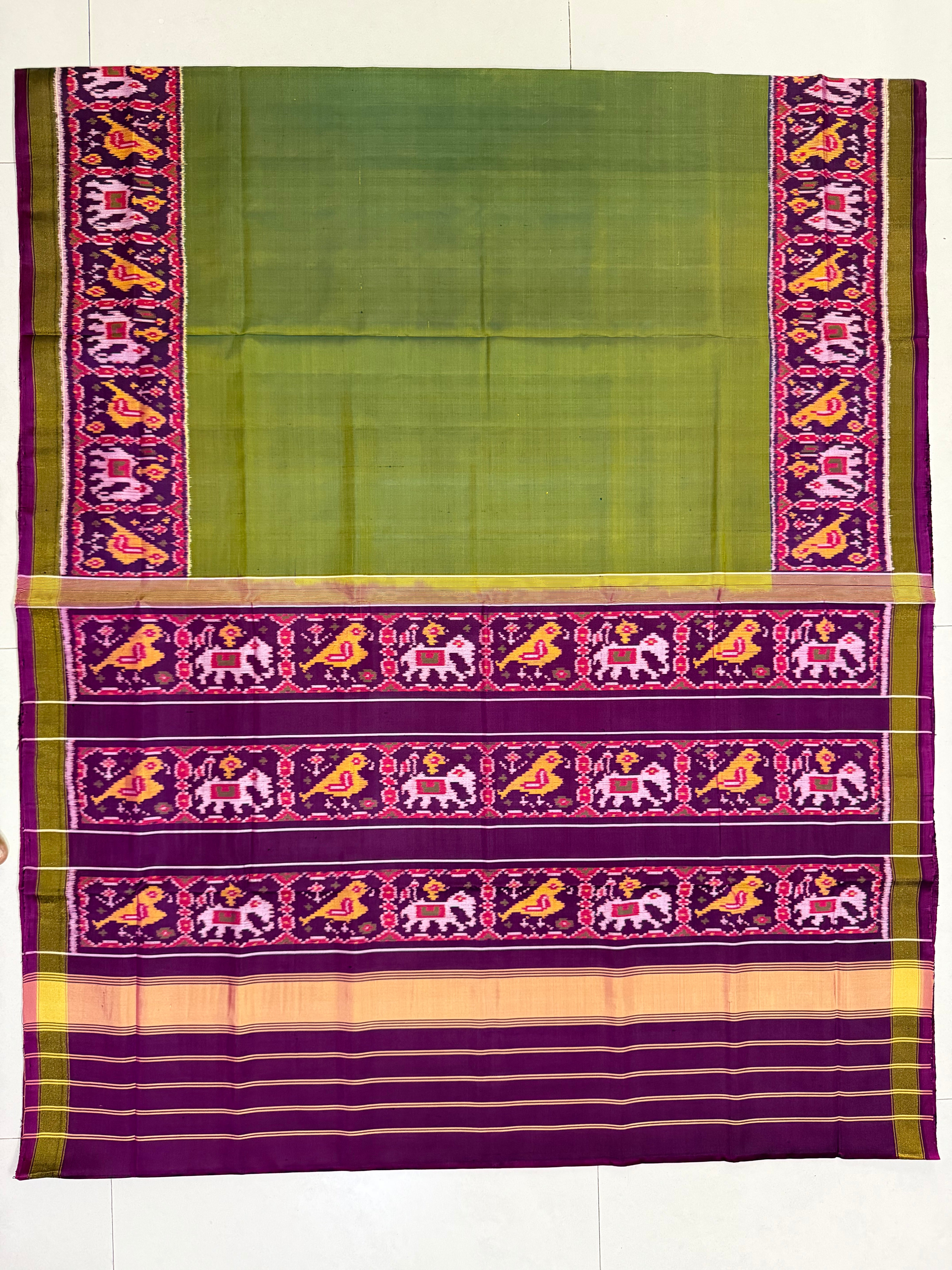 Parrot Green With Wine Gala Border Handwoven Patola Silk Saree Secondary image