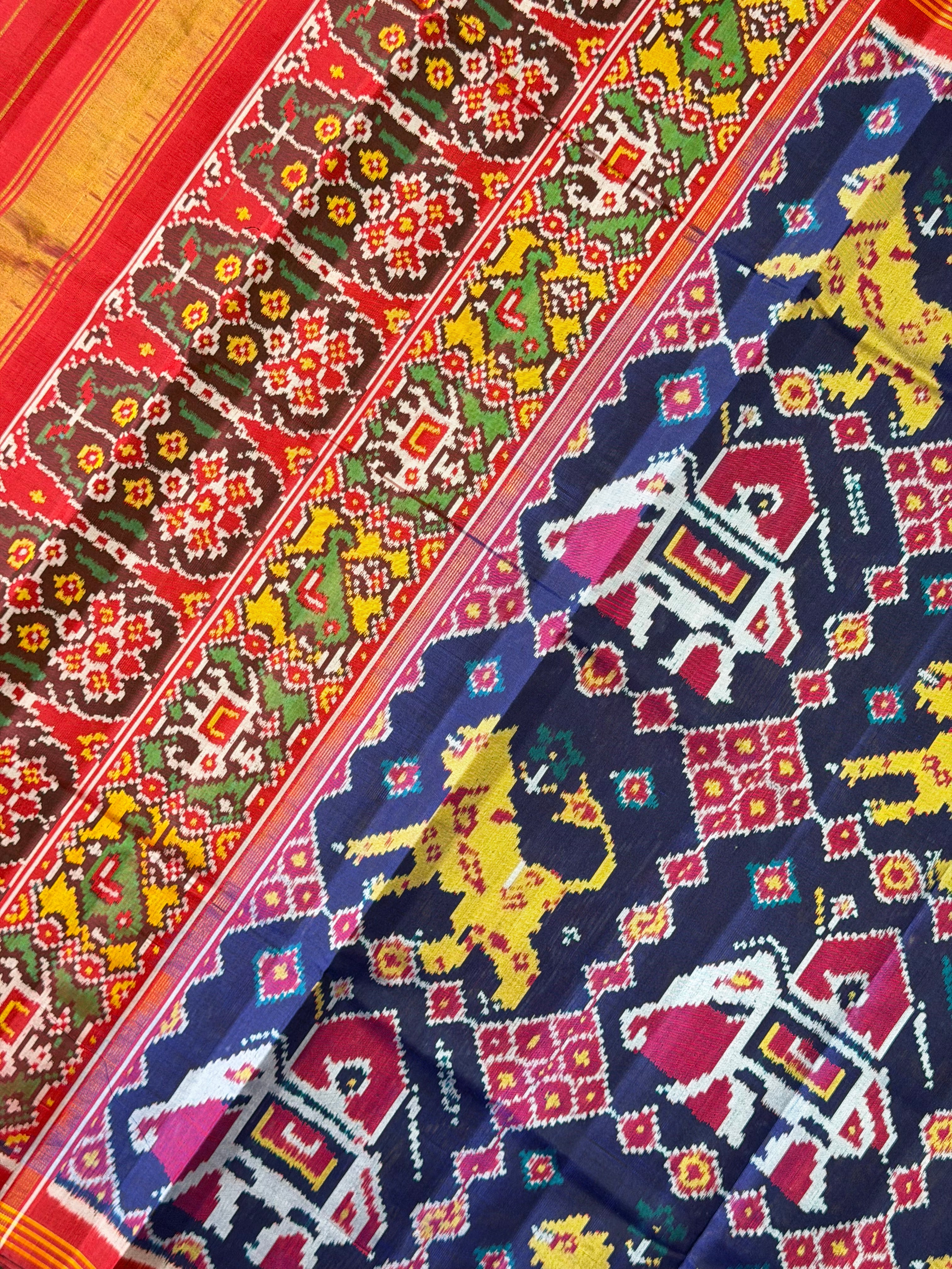 Big Cheetah And Elephant Design Handwoven Patola Silk Saree
