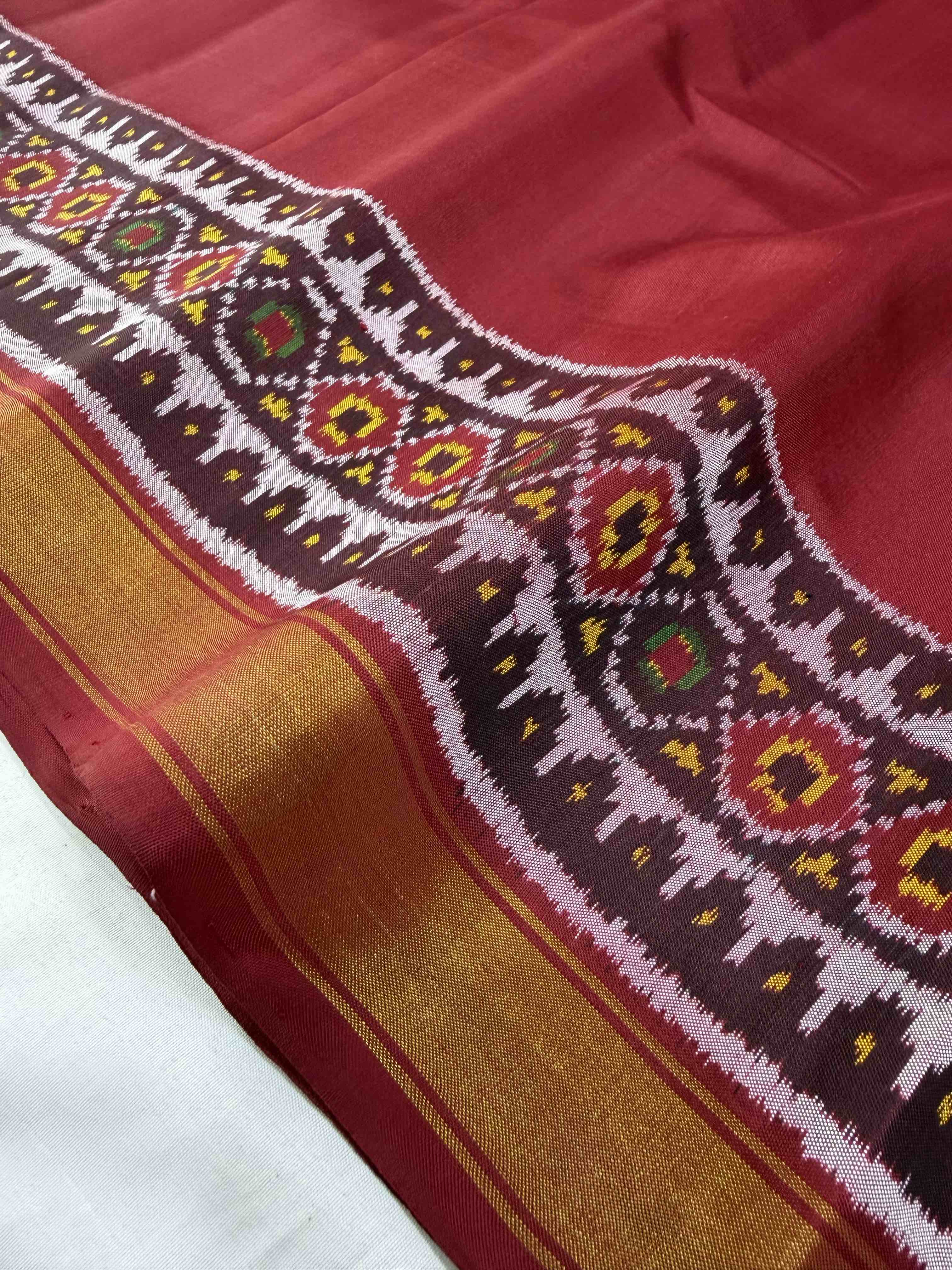 Red Plain gala Border Handwoven Patola Silk Saree
