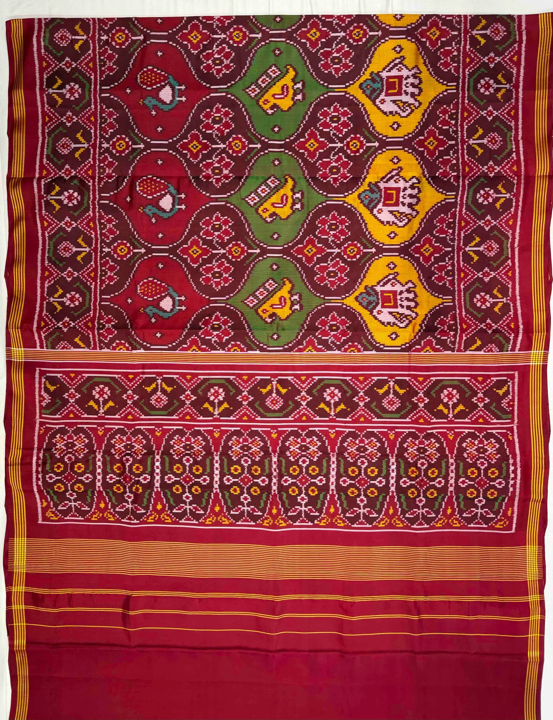 Three Motifs With Three Color Handwoven Patola Silk Saree Secondary image