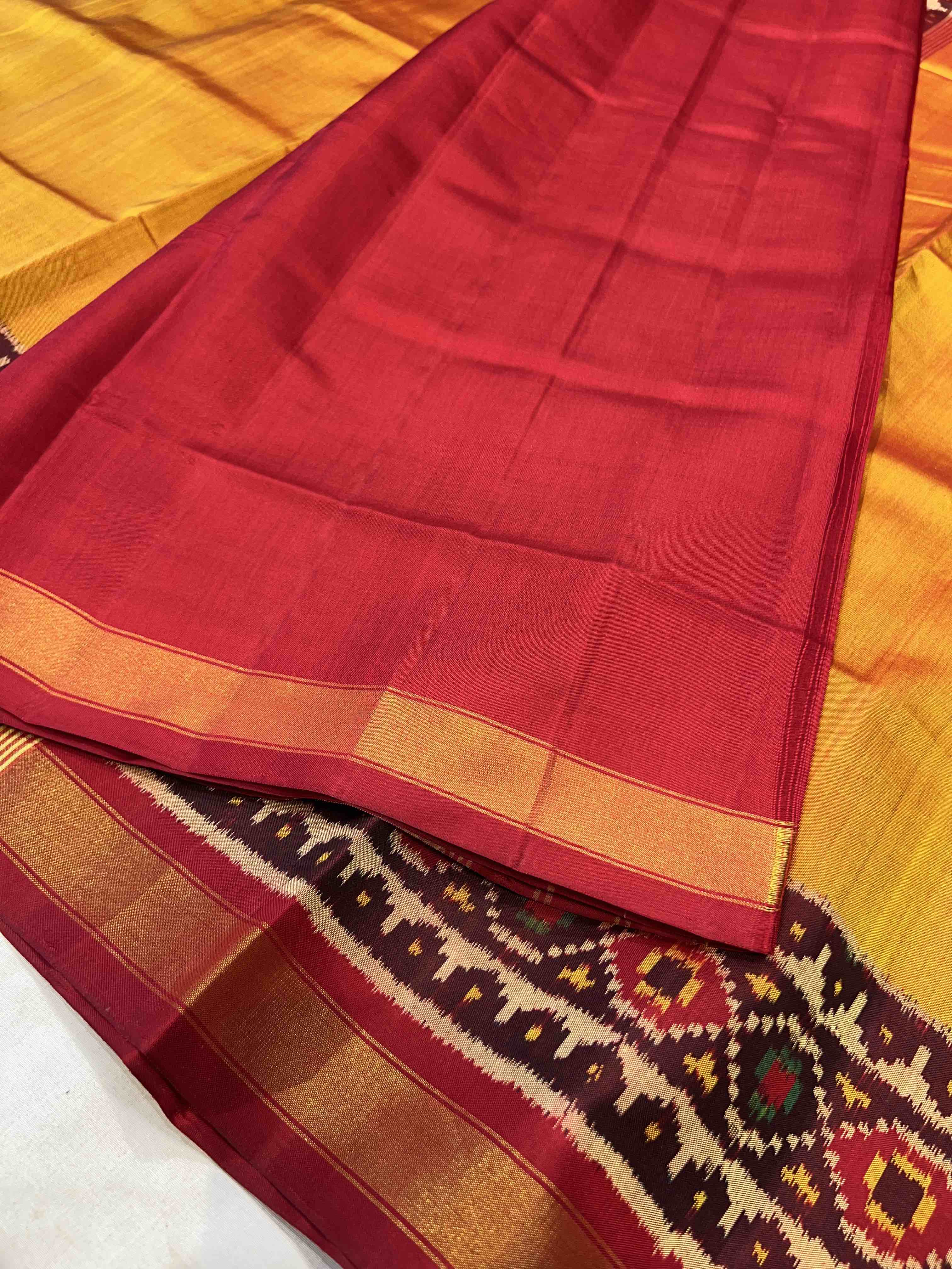 Mustard Plain Gala Border Handwoven Patola Silk Saree