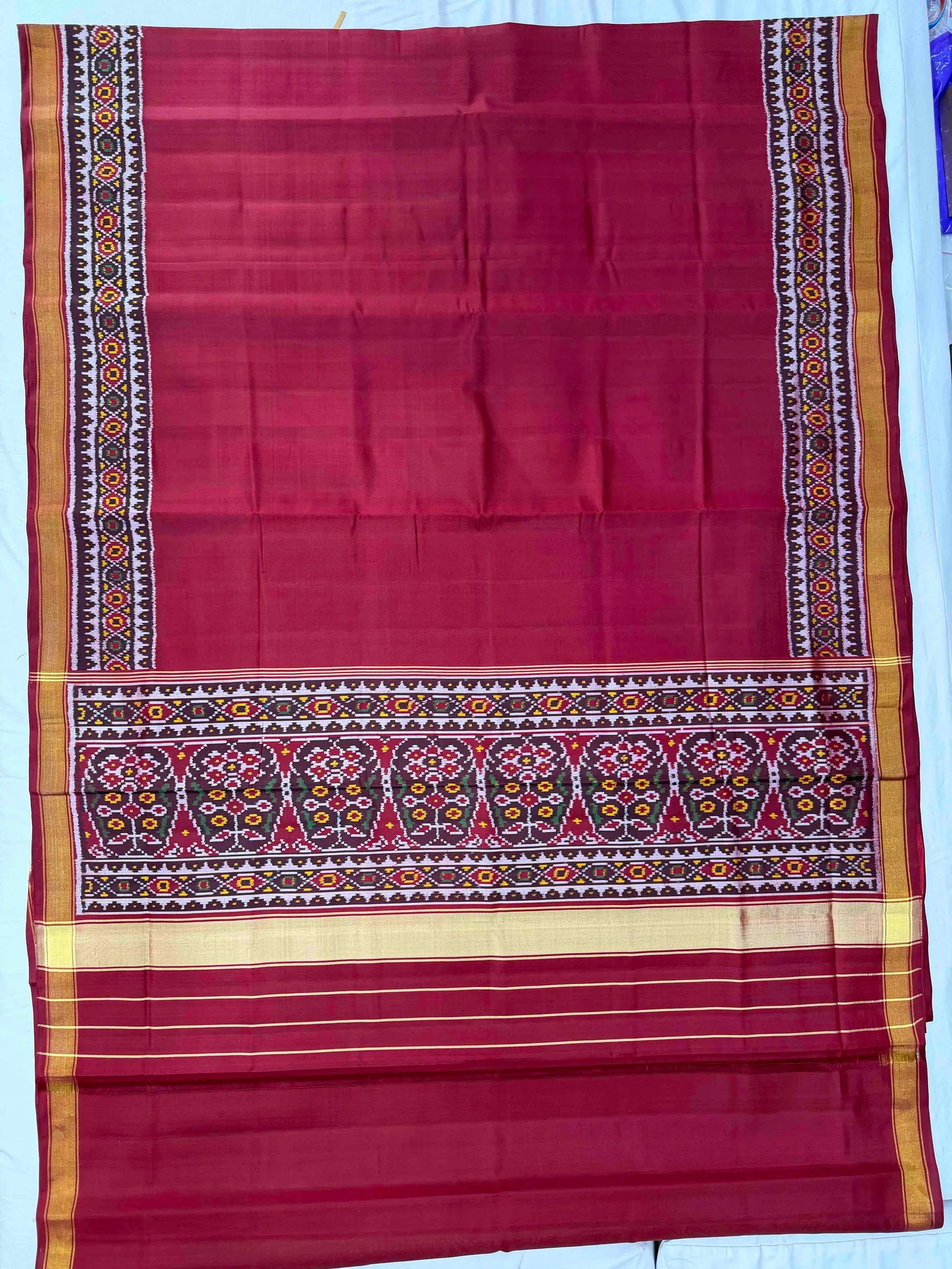 Red Plain gala Border Handwoven Patola Silk Saree