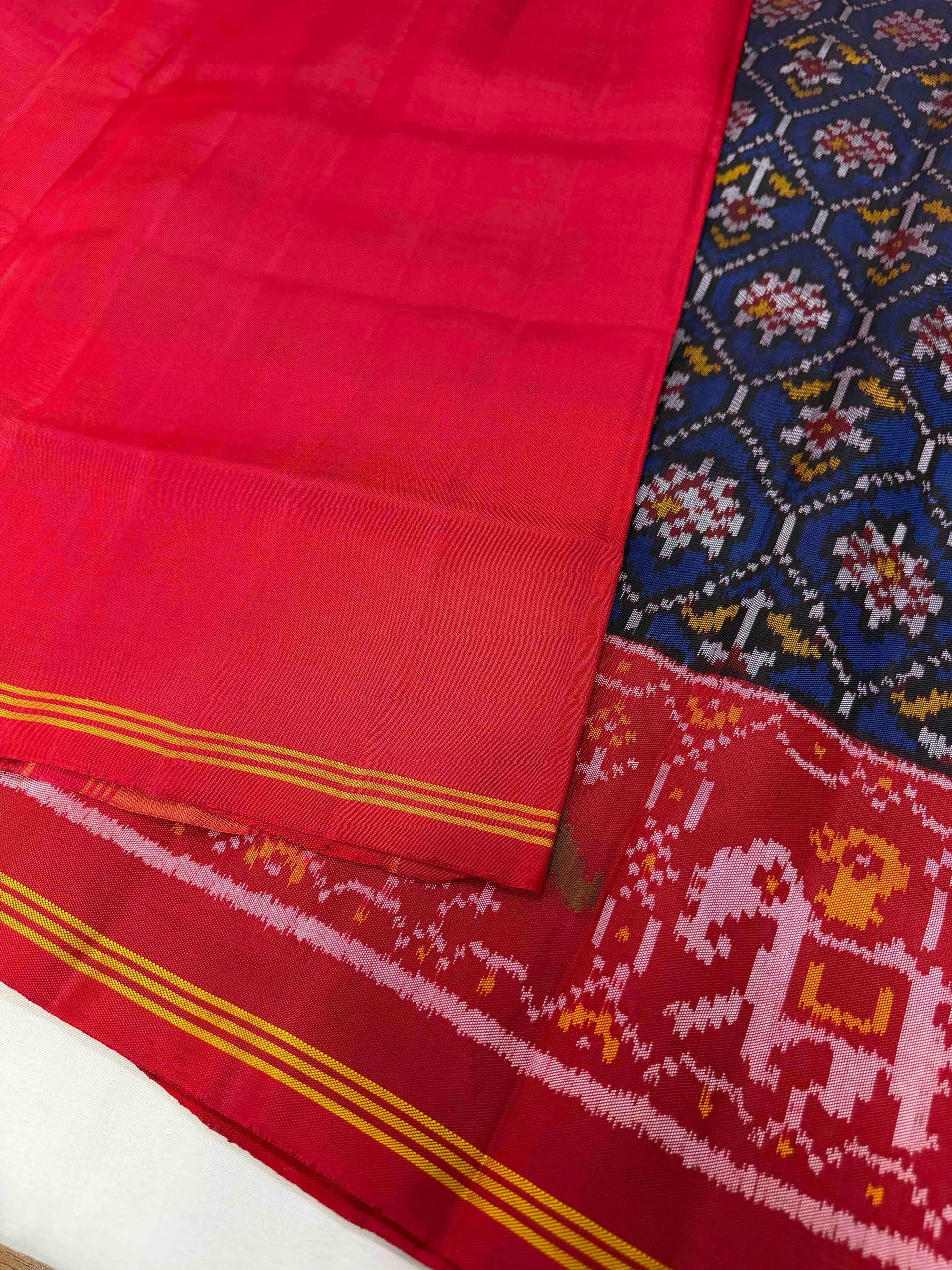 Blue and Red Flower Design Handwoven Patola Silk Saree