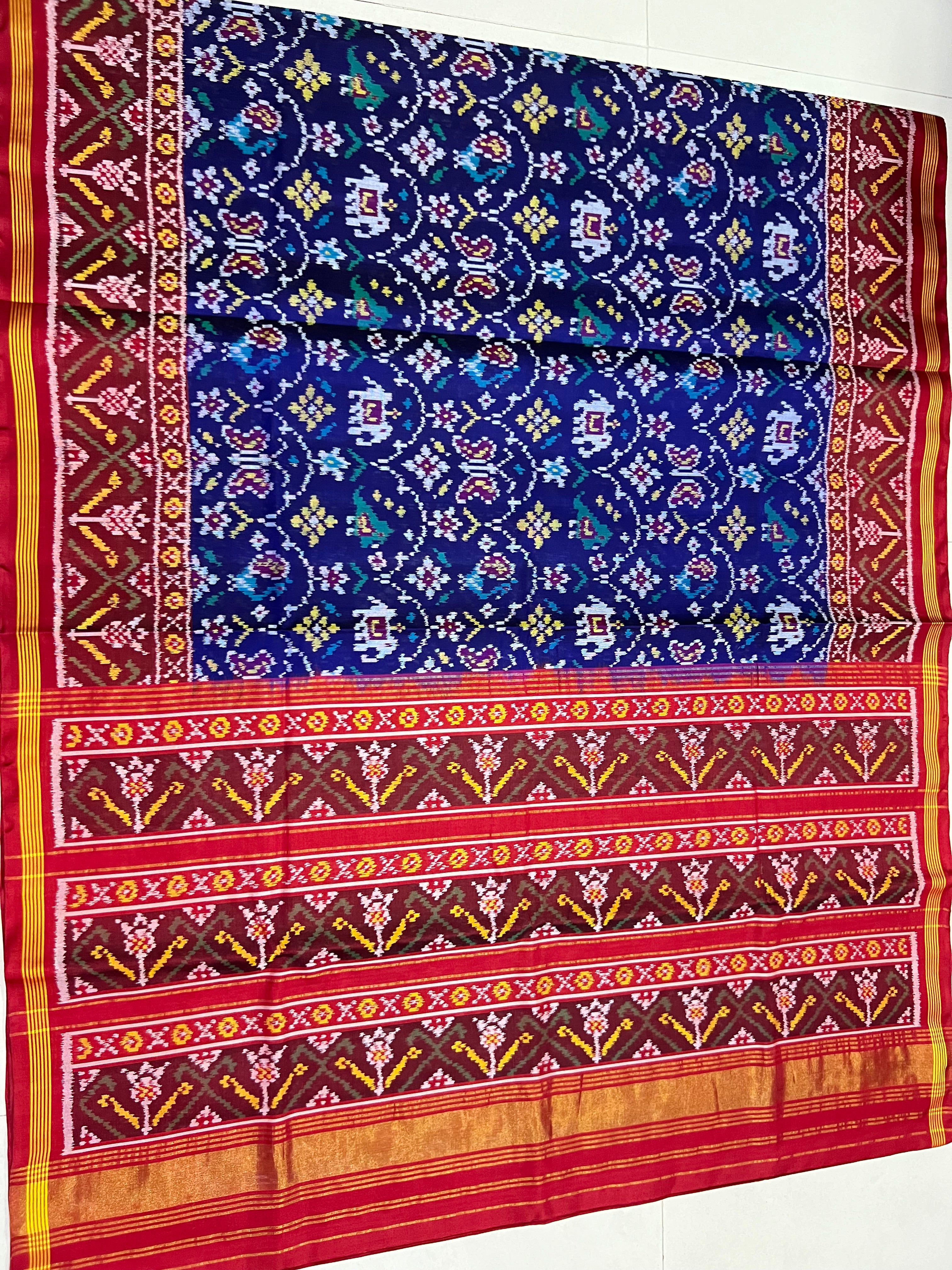 Blue And Red Exclusive Design Handwoven Patola Silk Saree