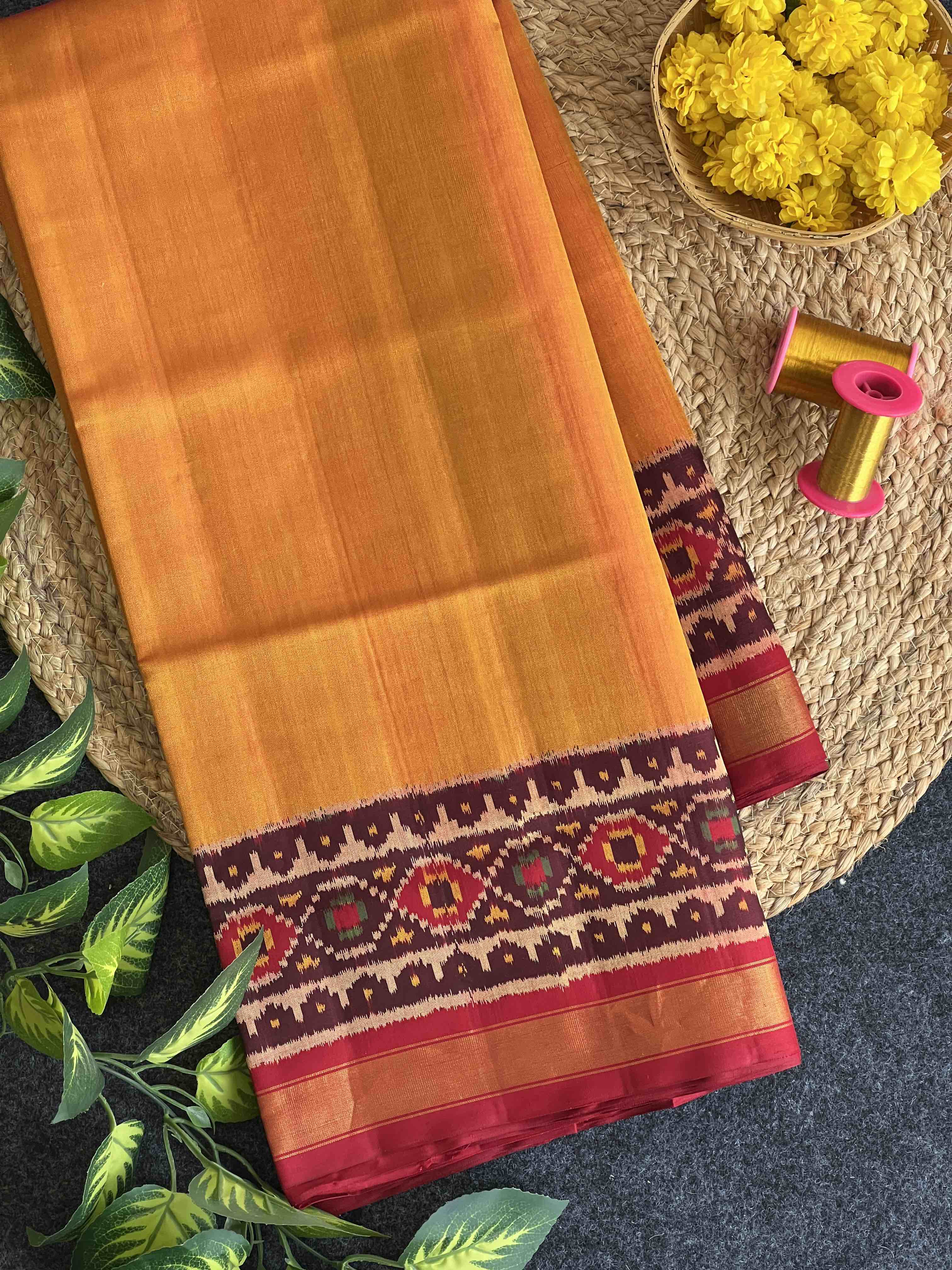 Mustard Plain Gala Border Handwoven Patola Silk Saree