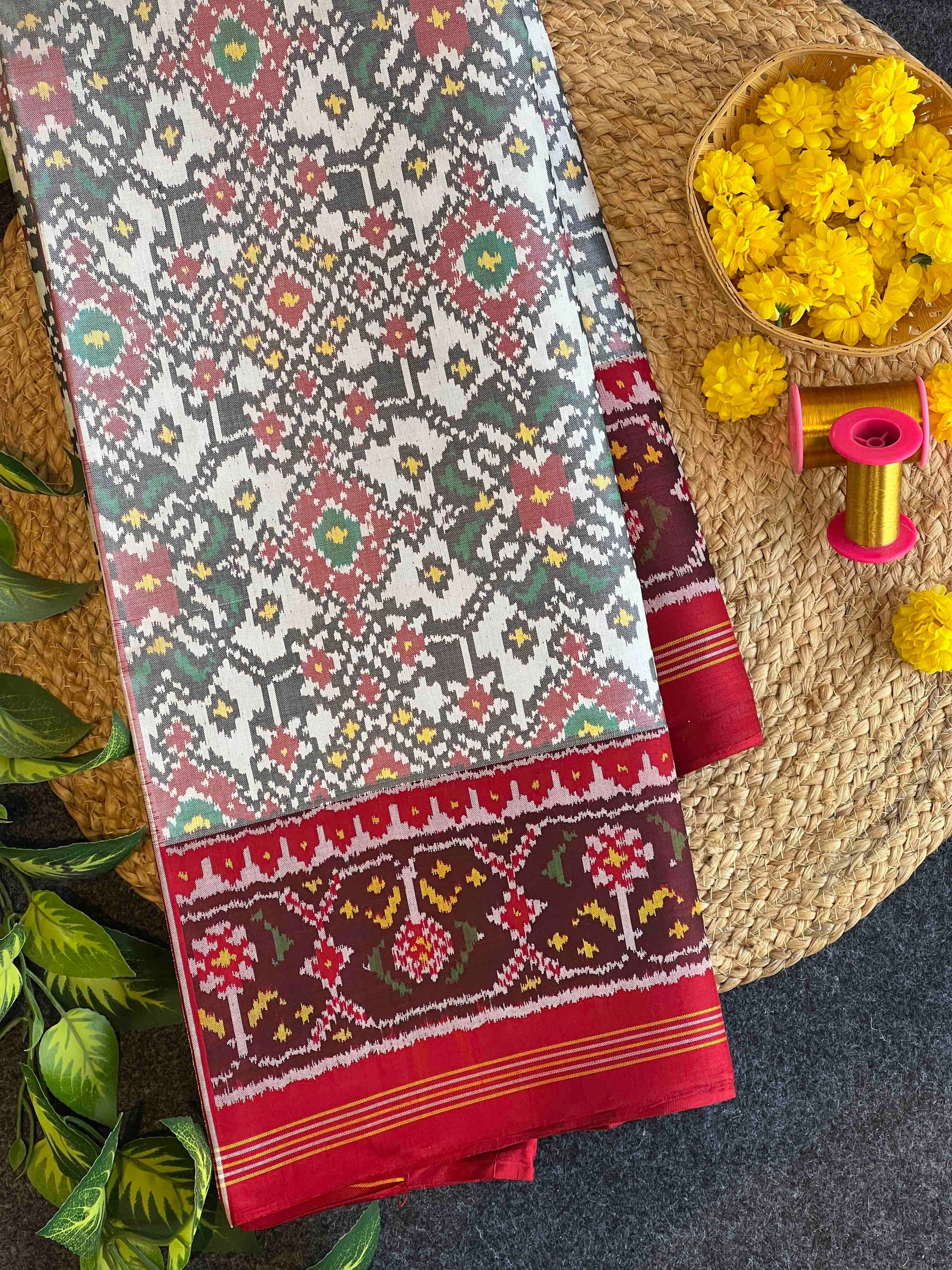 White Navratna Traditional Design Handwoven Patola Silk Saree Main image
