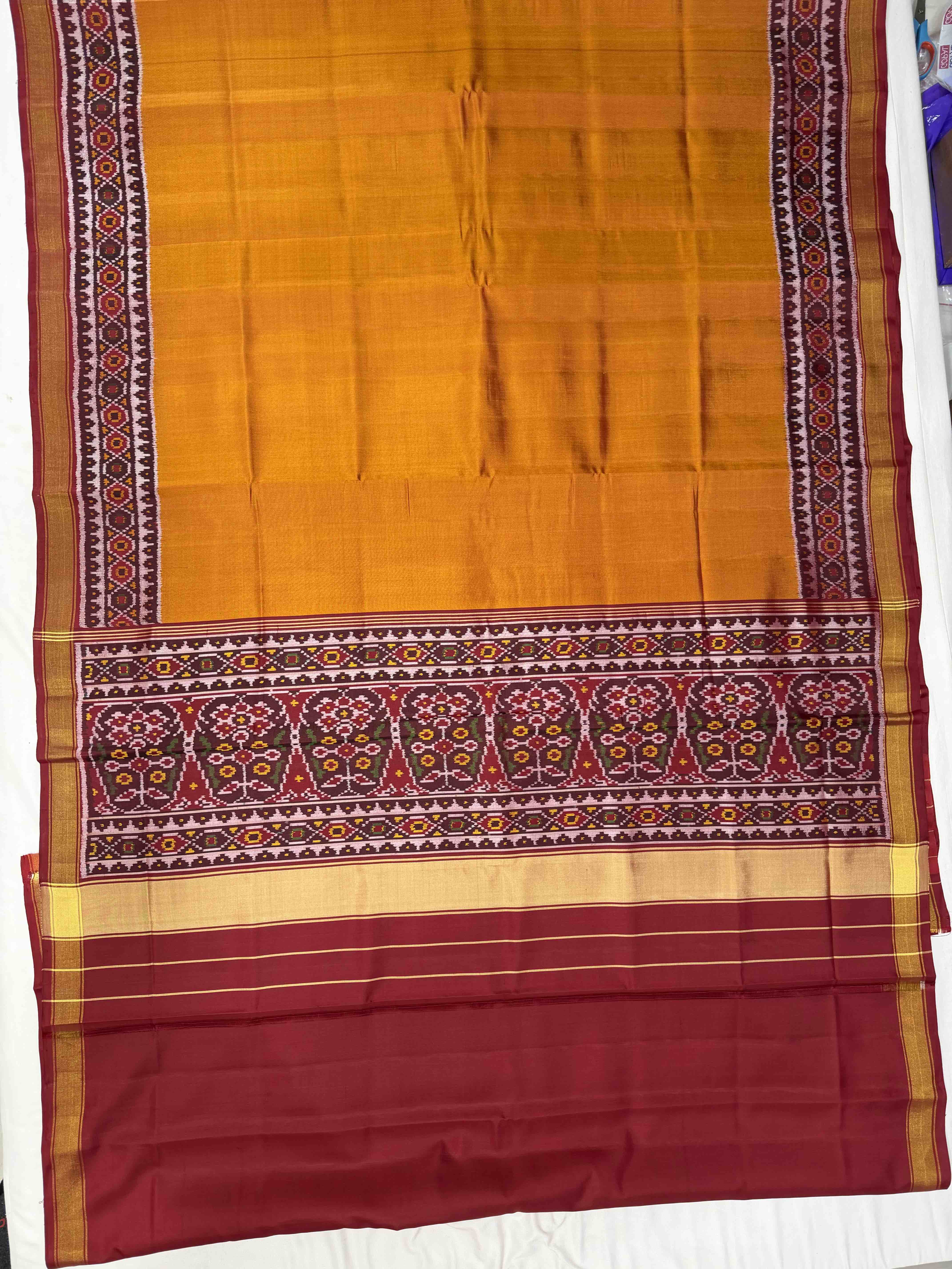 Mustard Red Plain gala Border Handwoven Patola Silk Saree Secondary image