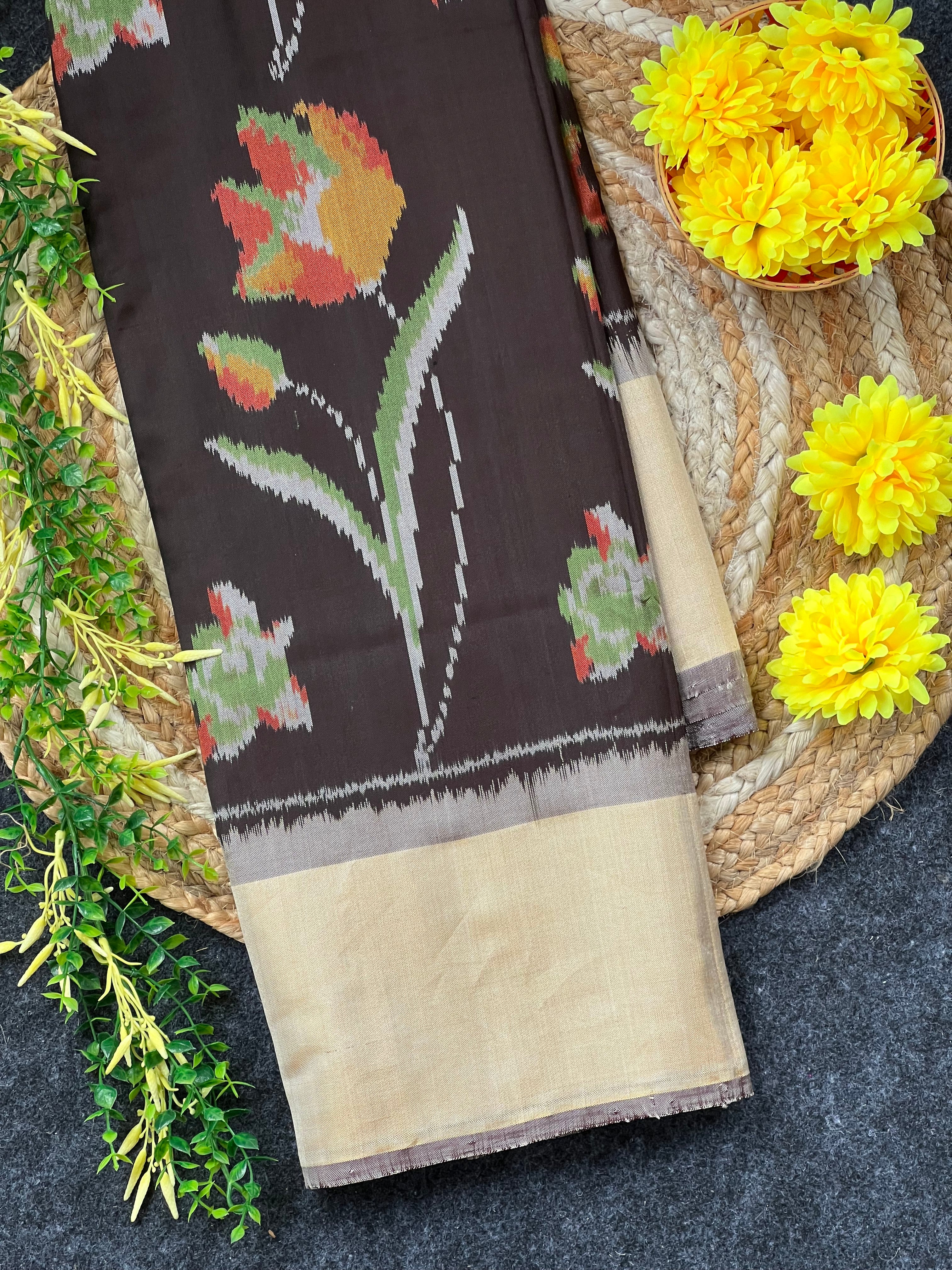 Brown Flower Design Handwoven Patola Silk Saree Main image