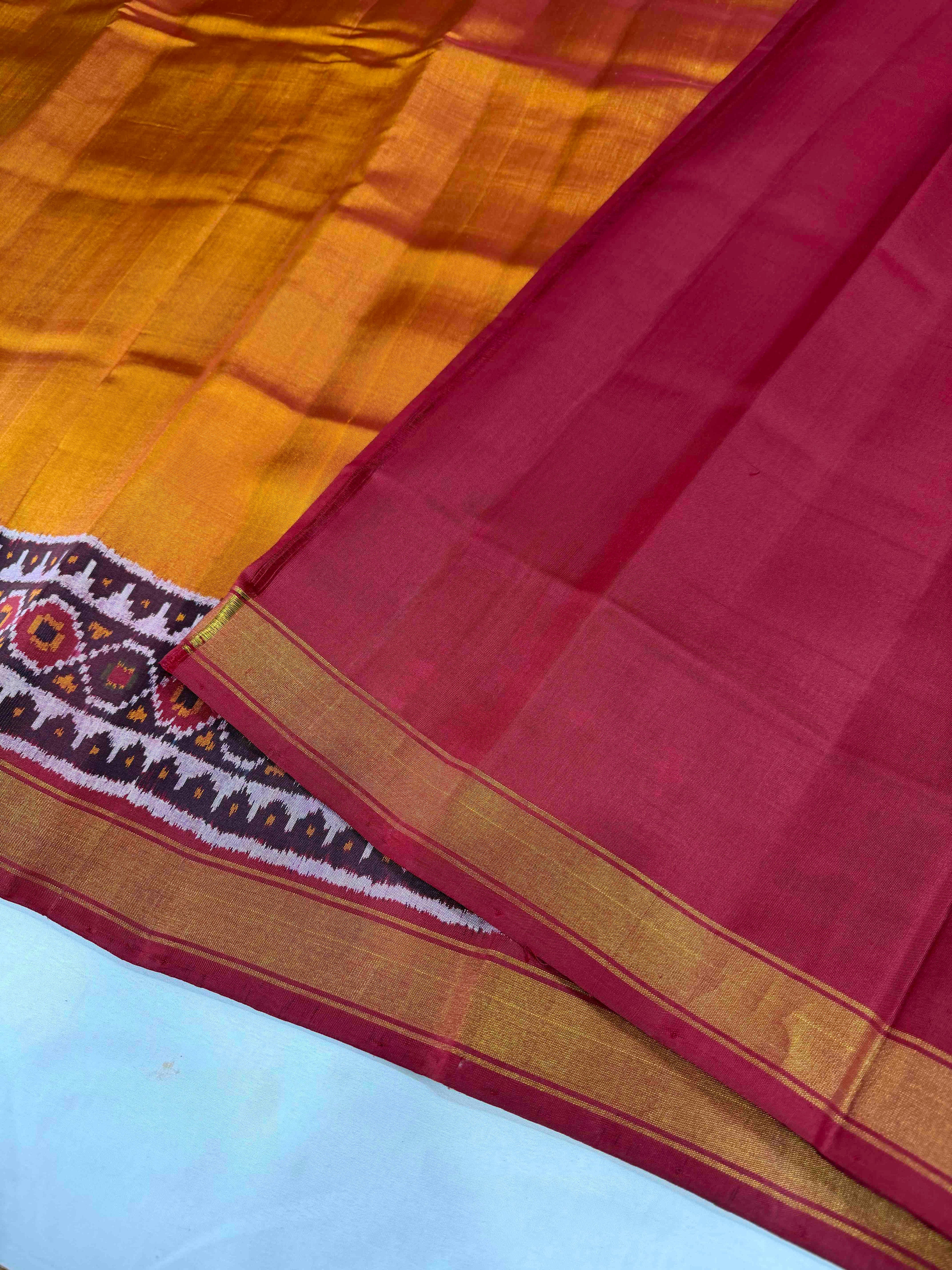 Mustard Red Plain gala Border Handwoven Patola Silk Saree