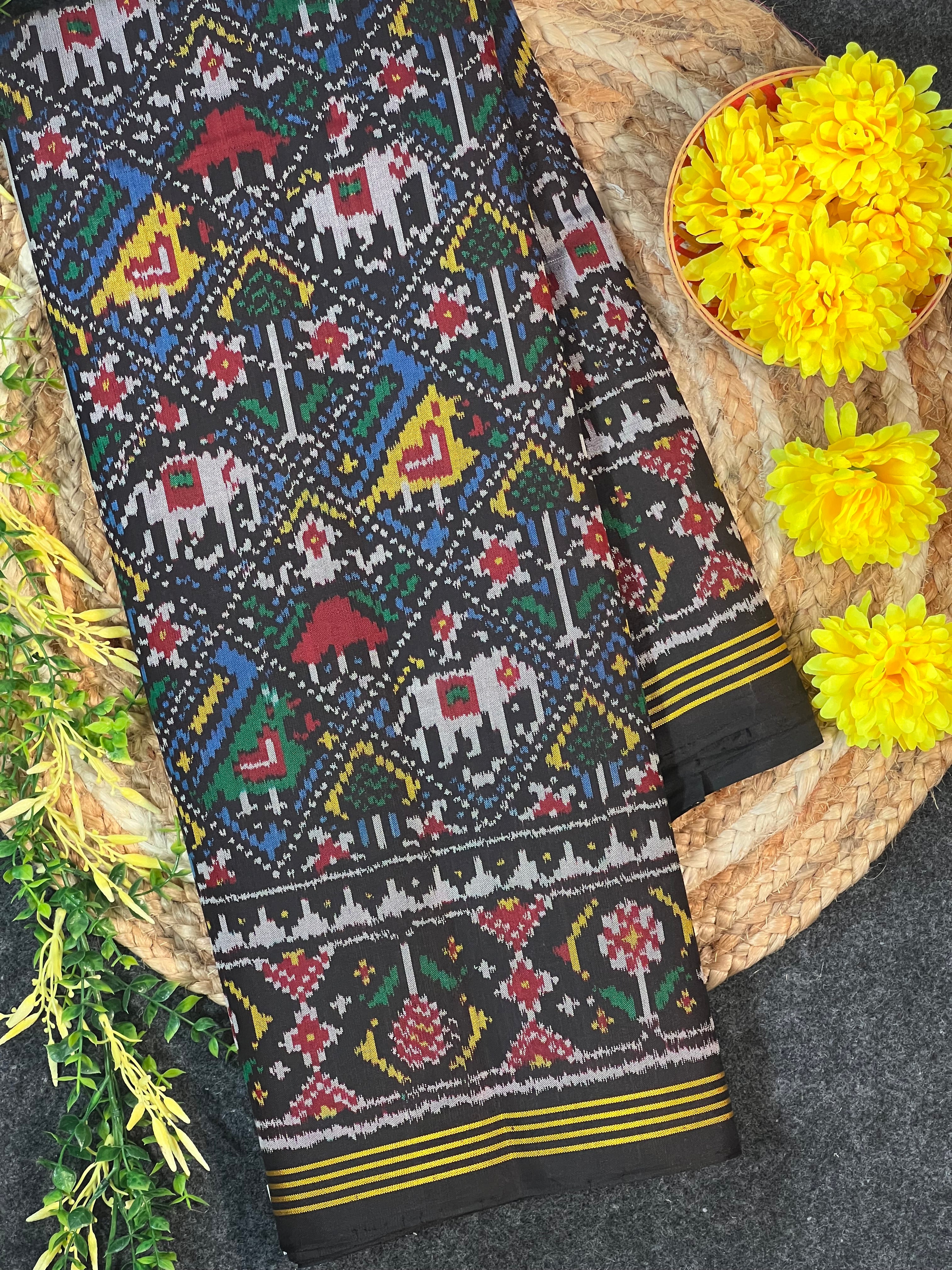 Blue-Black Narikunj Traditional Design Handwoven Patola Silk Saree Main image