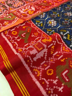 Blue and Red Flower Design Handwoven Patola Silk Saree