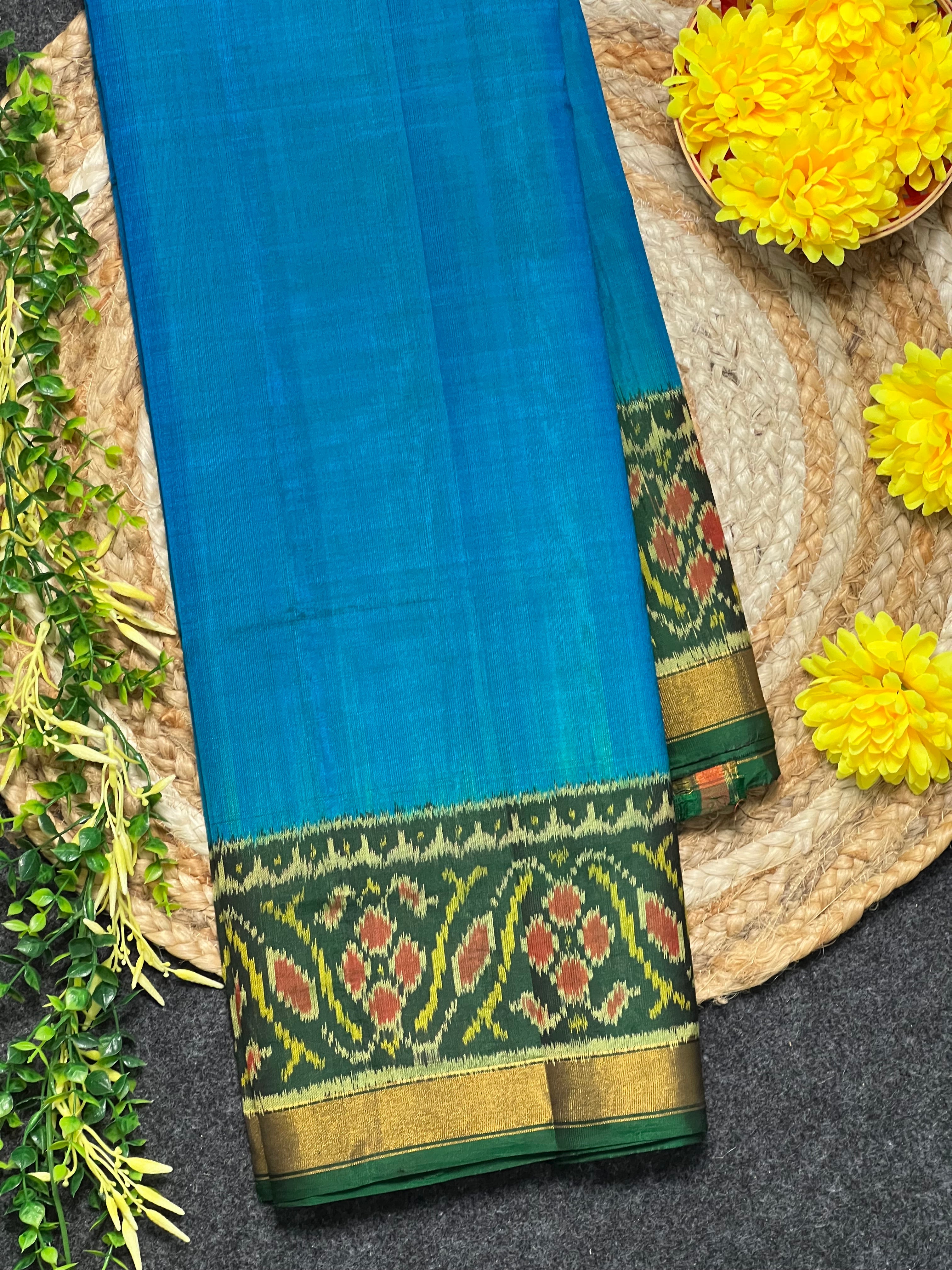 Blue-Green Plain Gala Border Handwoven Patola Silk Saree