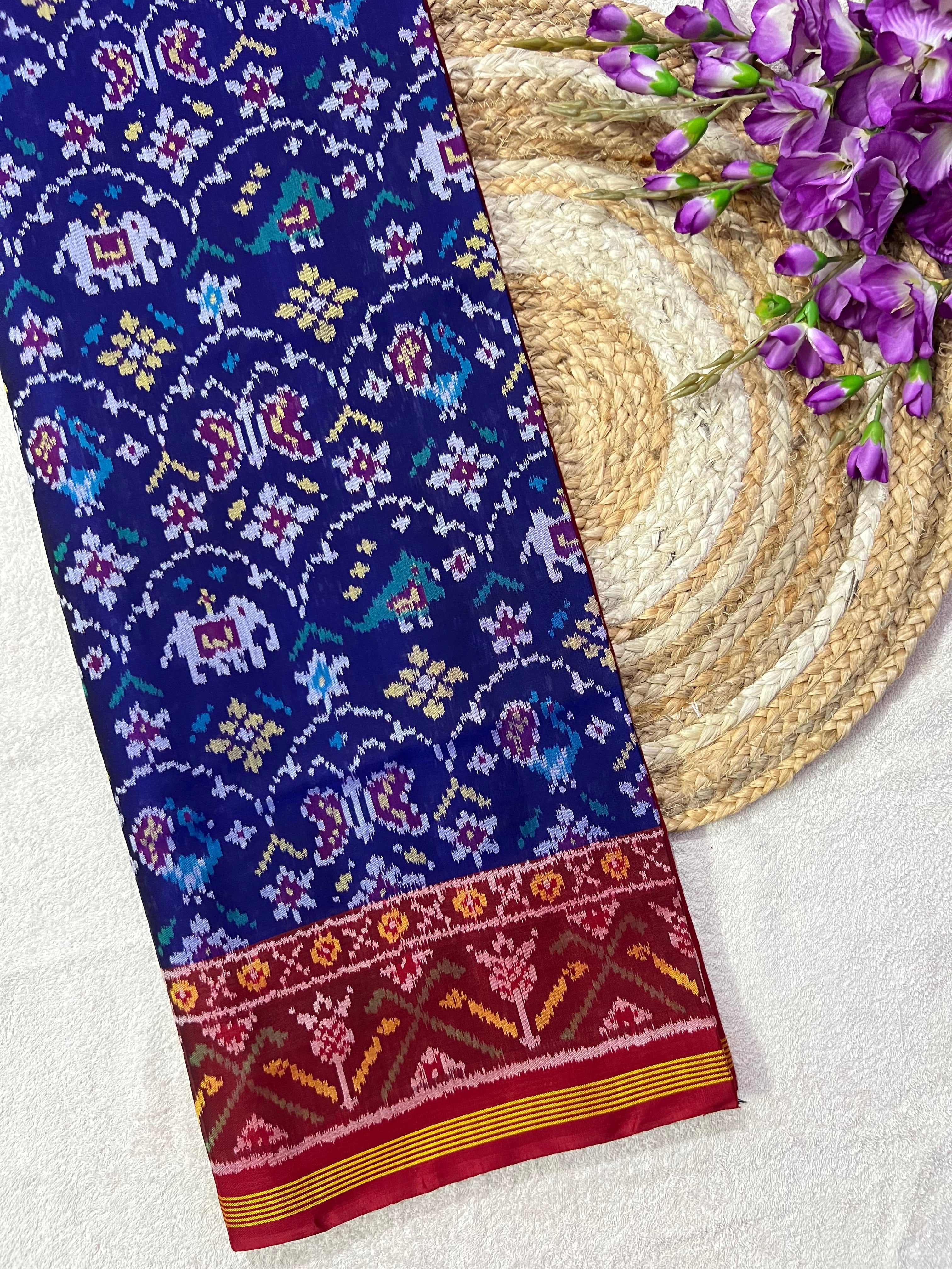 Blue And Red Exclusive Design Handwoven Patola Silk Saree