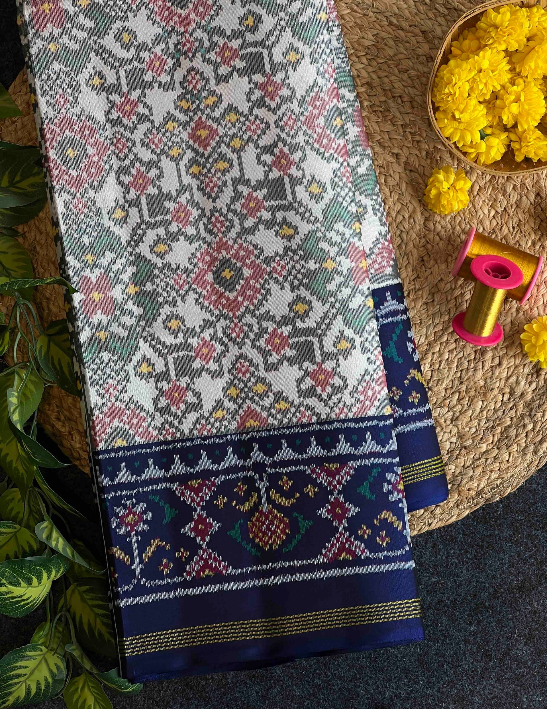 White Navratna Traditional Design Handwoven Patola Silk Saree